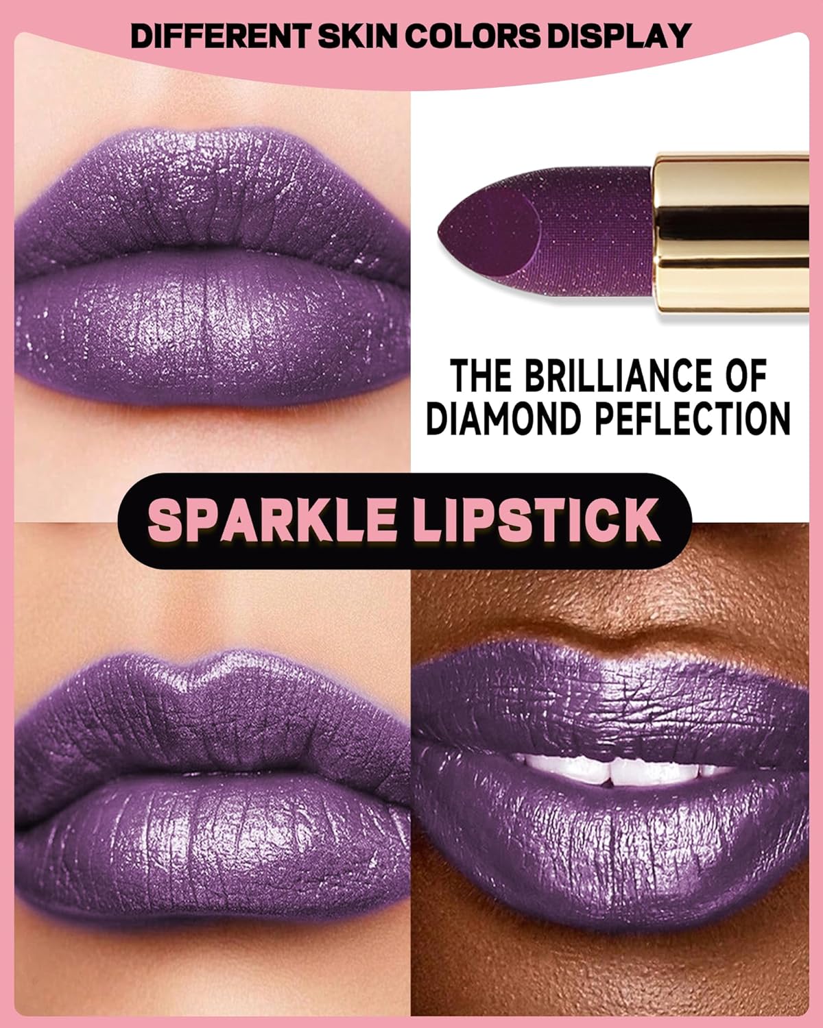 Glitter Metallic Purple Nude Shimmer Lipstick Long Lasting, Glitter Diamond Shine Red Lipstick Transfer Proof Non-Stick Lip Gloss Shimmer Highly Pigmented Full Coverage Lip Makeup for Women-07