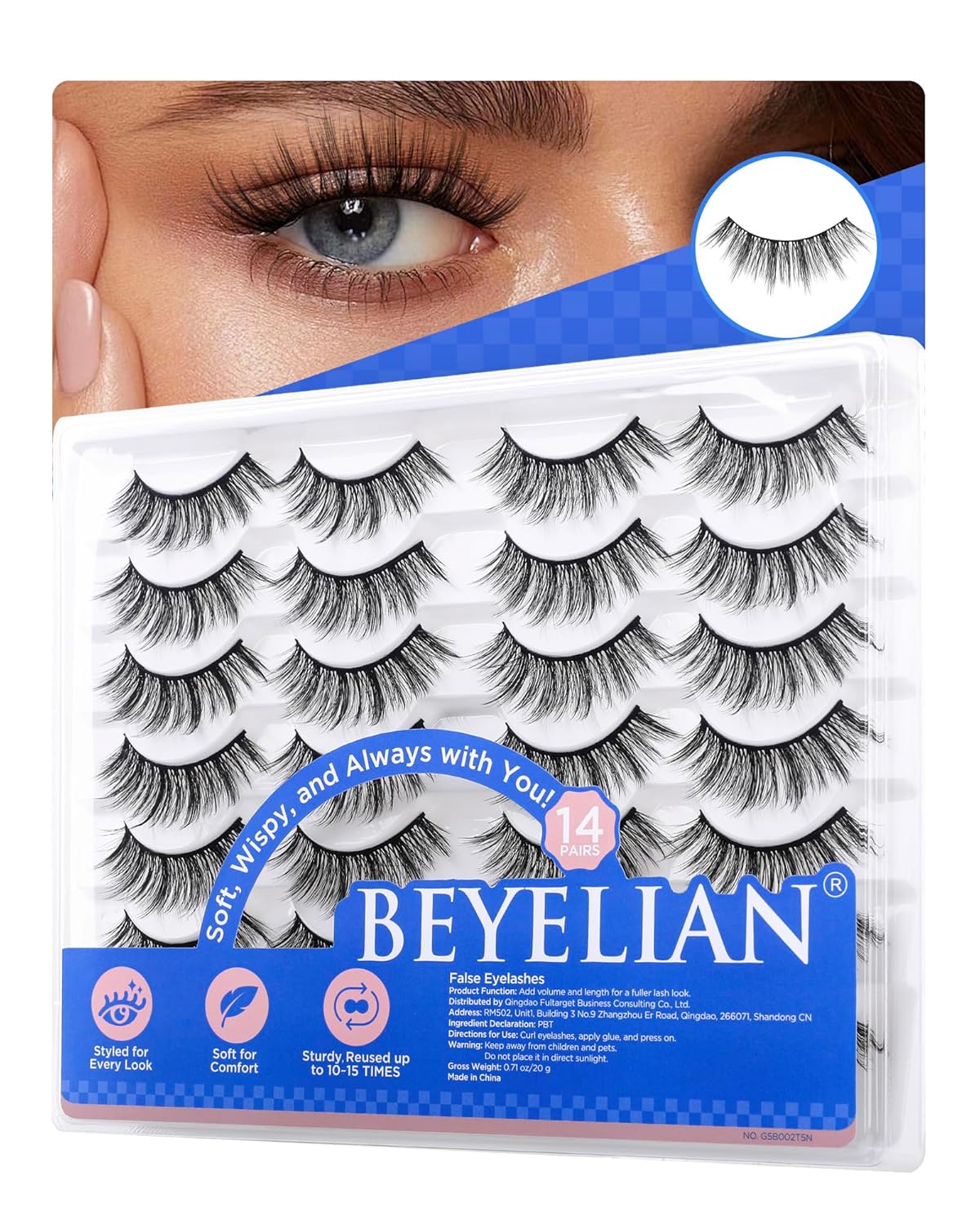 BEYELIAN 14 Pairs False Eyelashes Natural Look D Curl 9-15MM Doll Eye Fake Lashes, Soft and Lightweight Faux Mink Lashes, Reusable, Easy to Apply (14P-HSCS-01)