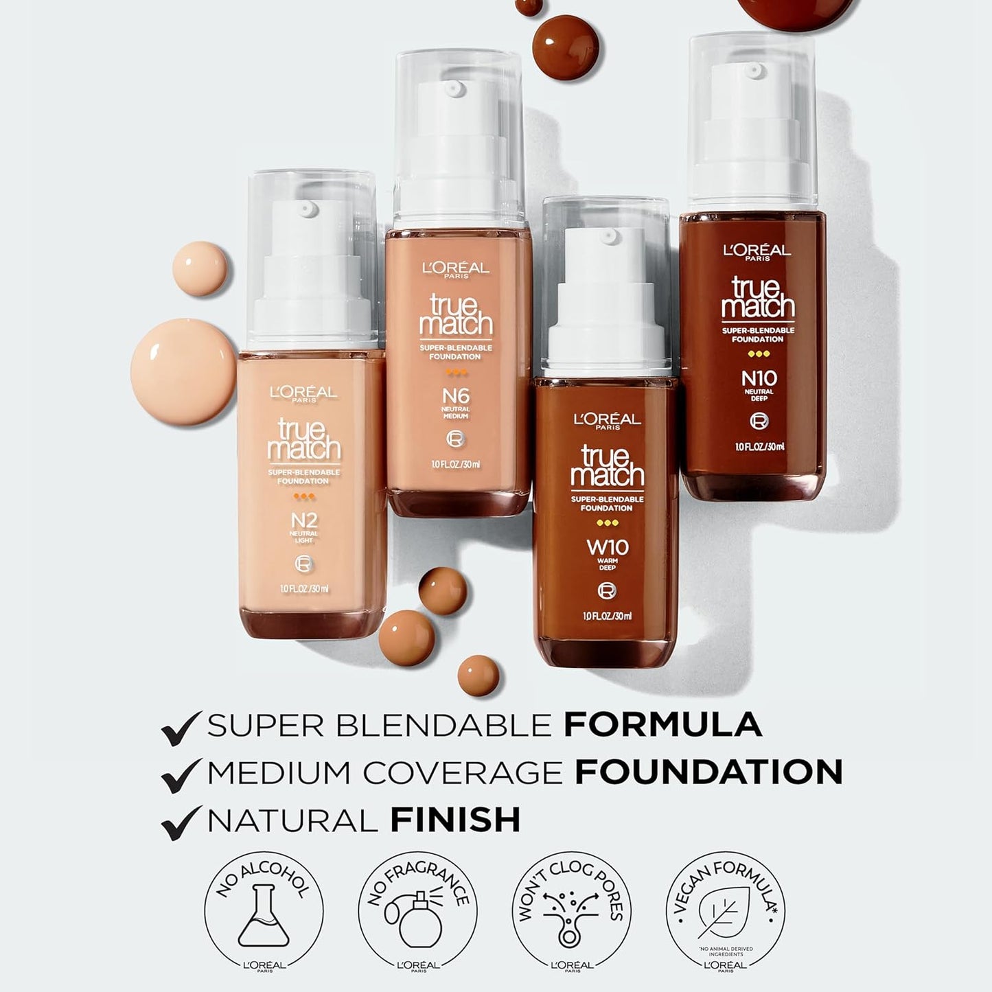 L'Oreal Paris True Match Super-Blendable Foundation, Medium Coverage Liquid Foundation Makeup, W0.5, Light, 1 Fl Oz