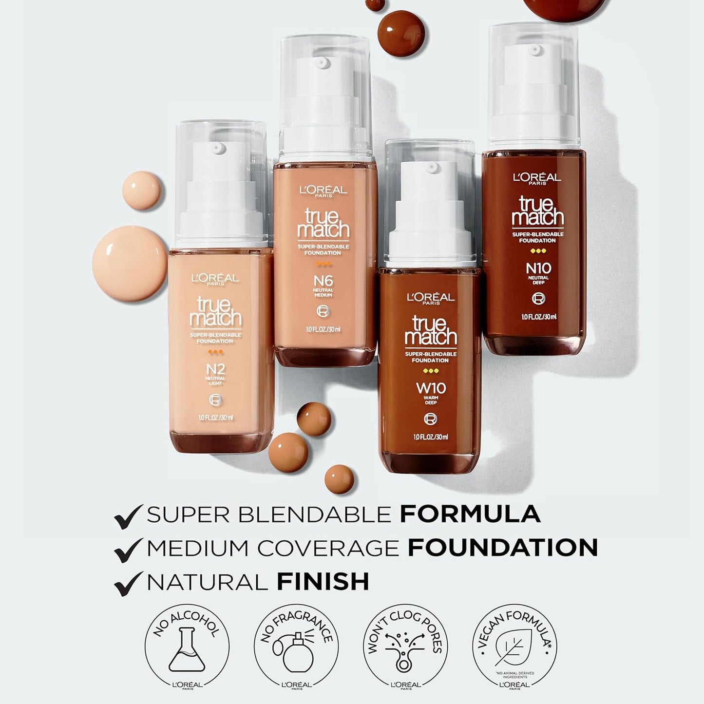 L'Oreal Paris True Match Super-Blendable Foundation, Medium Coverage Liquid Foundation Makeup, N7, Medium Deep, 1 Fl Oz