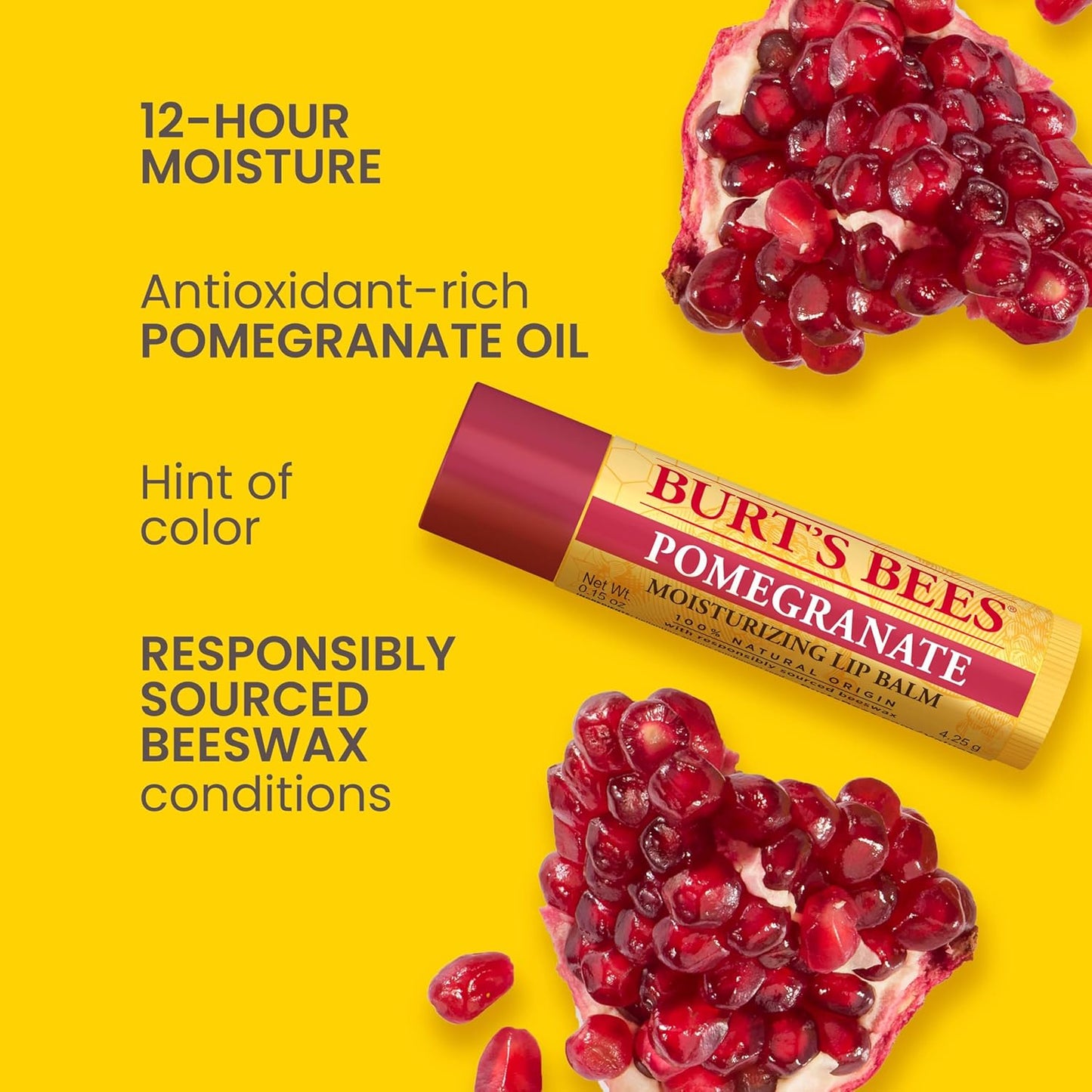 Burt's Bees Back to School Gift Ideas, Lip Balm - Pomegranate, Lip Moisturizer With Responsibly Sourced Beeswax, Tint-Free, Natural Origin Conditioning Treatment, 4 Tubes, 0.15 oz.