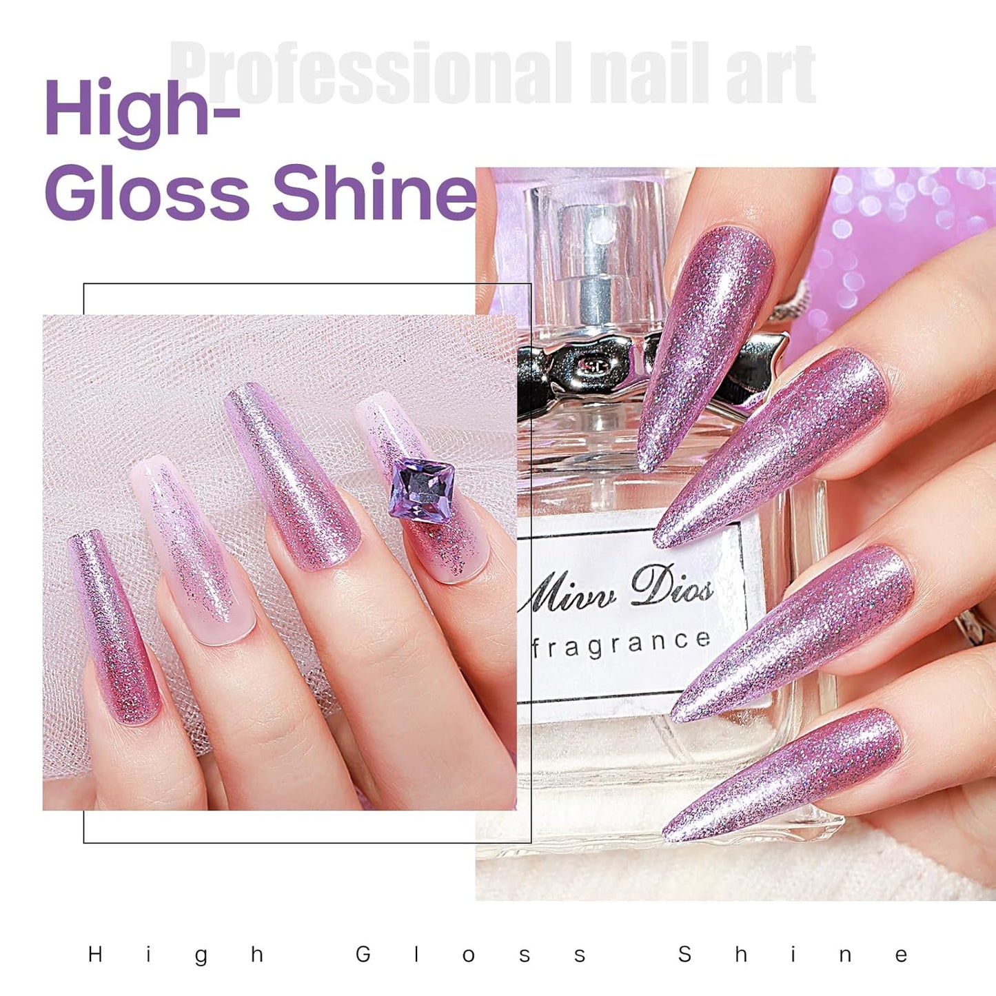 MIZHSE Quick Dry Glitter Purple Nail Polish, Shimmery Nail Polish Air Drying Fast, 15ml High Glossy Sparkly Shiny Nail Art Salon Manicure Home