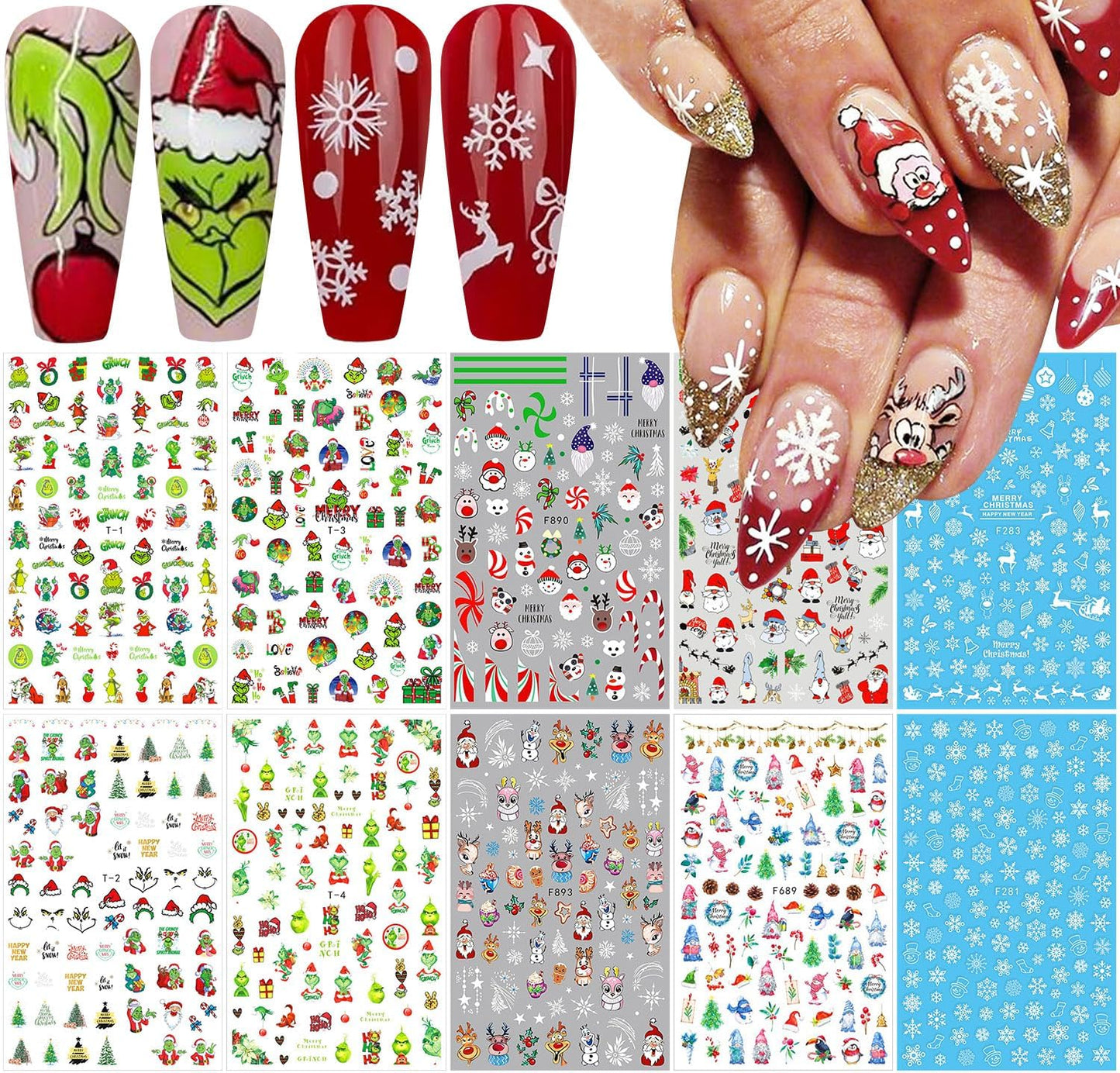 10 Sheets Christmas Nail Stickers 3D Xmas Decals Winter White Snowflake Santa Claus Snowman Bell Reindeer for Women Girls Christmas Designs Decoration Charms