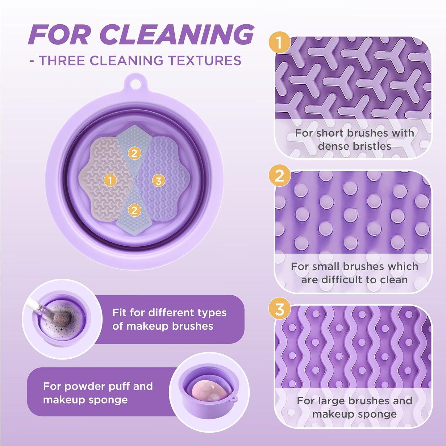 Makeup Brush Cleaner - Foldable Silicone Makeup Brush Cleaner Mat with Brush Storage Holder Makeup Brush Cleaning Bowl Cosmetic Brush Washing Tool for Cleaning Organizer and Drying (Purple and Purple)