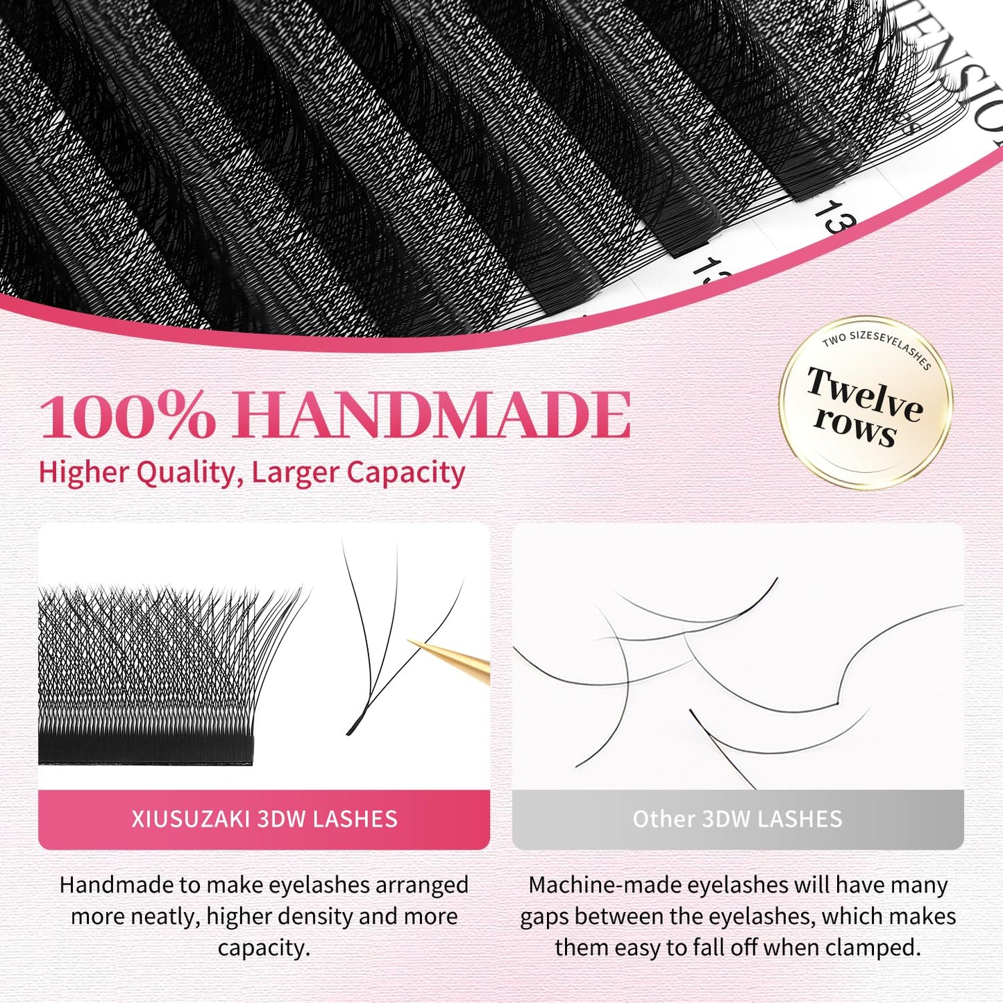 W Lash Extensions Supplies 3D Eyelash Extensions W Shape 0.07mm Thickness D Curl 11mm Premade Fans Easy Fan Lashes Volume Matte Black 12 Rows Crisscross Eye Lashes(W-3D-0.07-D,11mm)