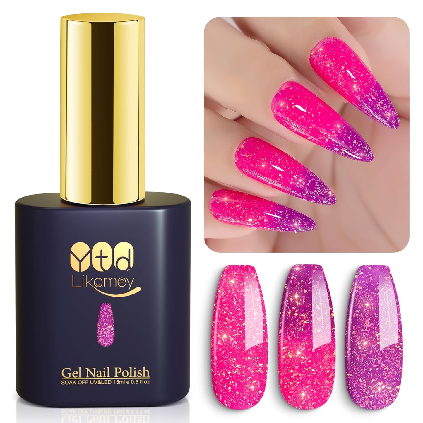 YTD Likomey Brocade Glitter Color Changing Gel Nail Polish,15ml Hot Pink To Violet Shimmer Glitter Mood Temperature Change Colors Iridescent Flakes,Fall Winter Thermal Ombre UV Nail Gel,WB351