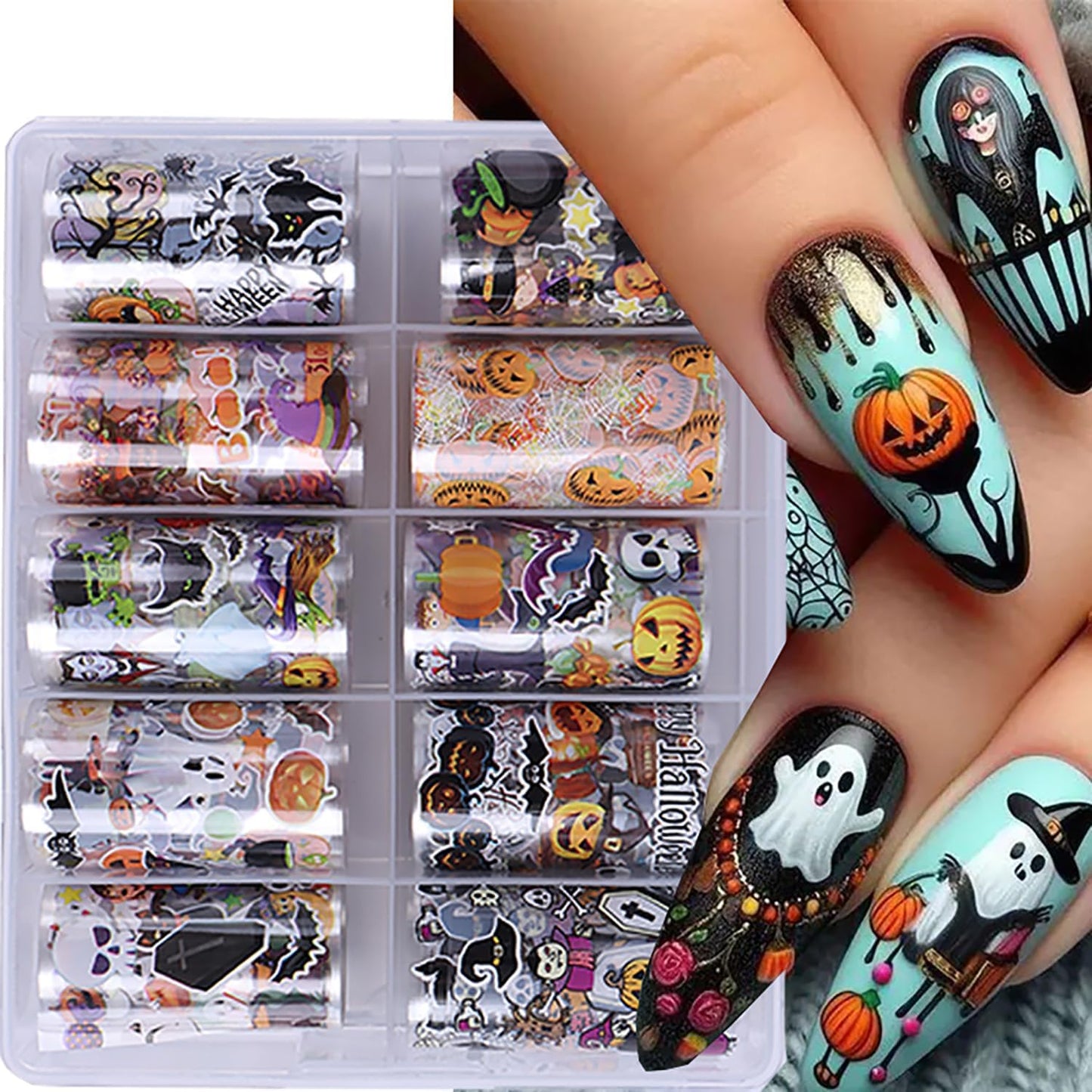 Halloween Nail Foils Transfer Nail Art Pumpkins Foils Nail Art Supplies 10PCS Halloween Ghost Black Cat Bat Spooky Nail Foil Transfer Stickers Starry Sky Paper Manicure Accessories for Women Girls