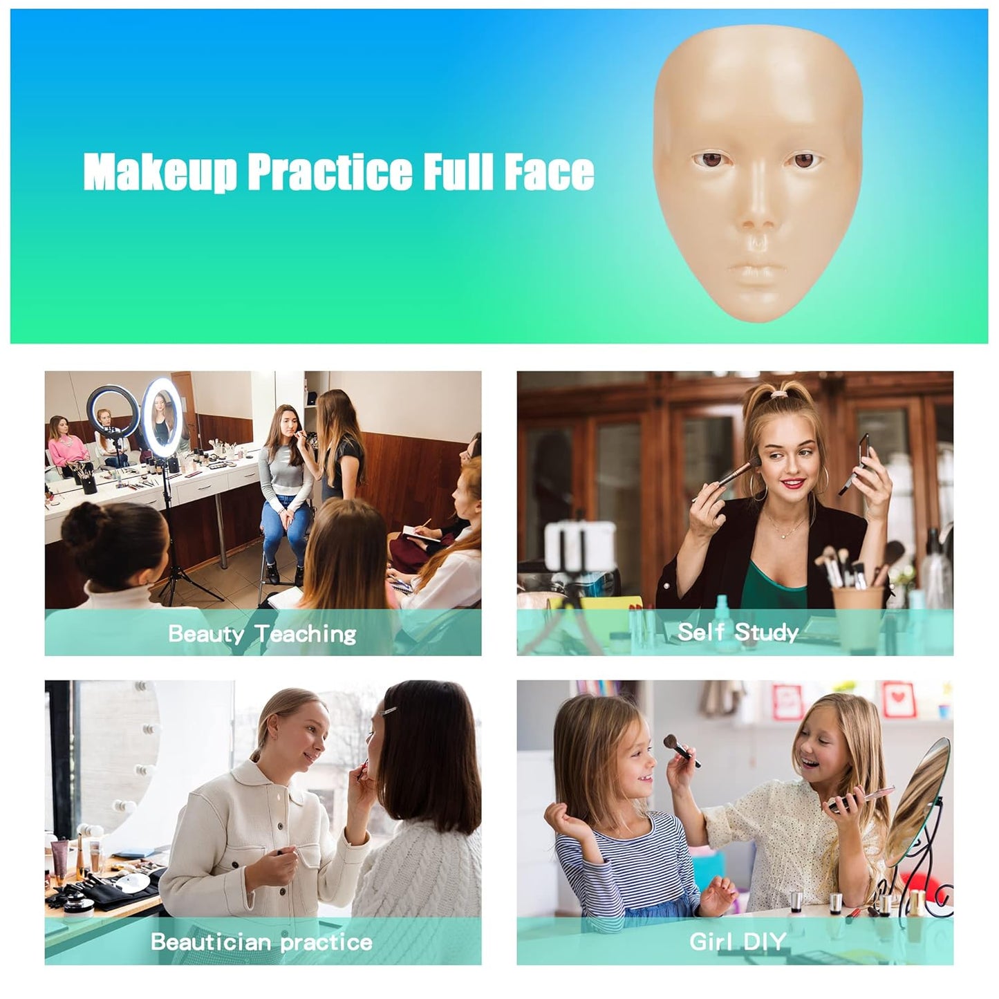 Makeup Practice Mannequin Face, 5d Reusable Silicone Makeup Practice Board Full Face with Makeup Brushes Sponge Set and Eyeshadow Board Makeup Kit for Emerging Makeup Artist, Girl's Gift