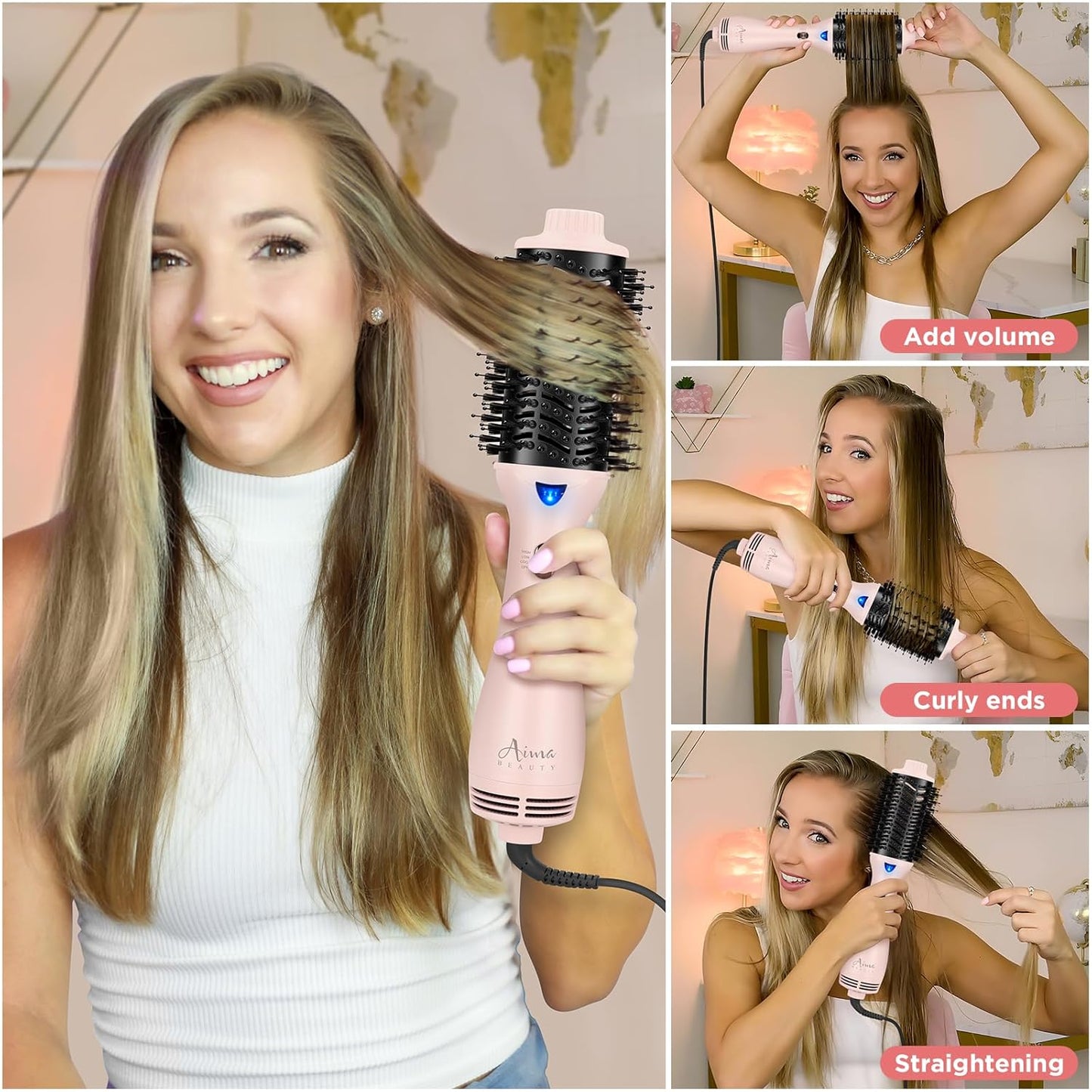 Hair Dryer Brush, Aima Beauty One Step Hair Dryer and Styler Volumizer with Negative Ion for Reducing Frizz and Static, Hair Styling Tools, Pink