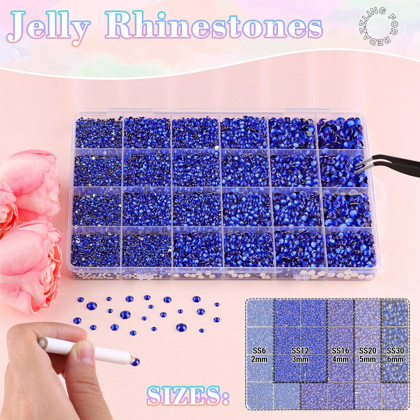 25000Pcs Resin Rhinestones with Tweezers for Crafting, 2-6mm Mixed Sizes (Royal Blue) Non Hotfix Flatback Gems, Bedazzling Crystal for DIY Crafts Clothing Tumblers Mugs Shoes Decor Nail Art