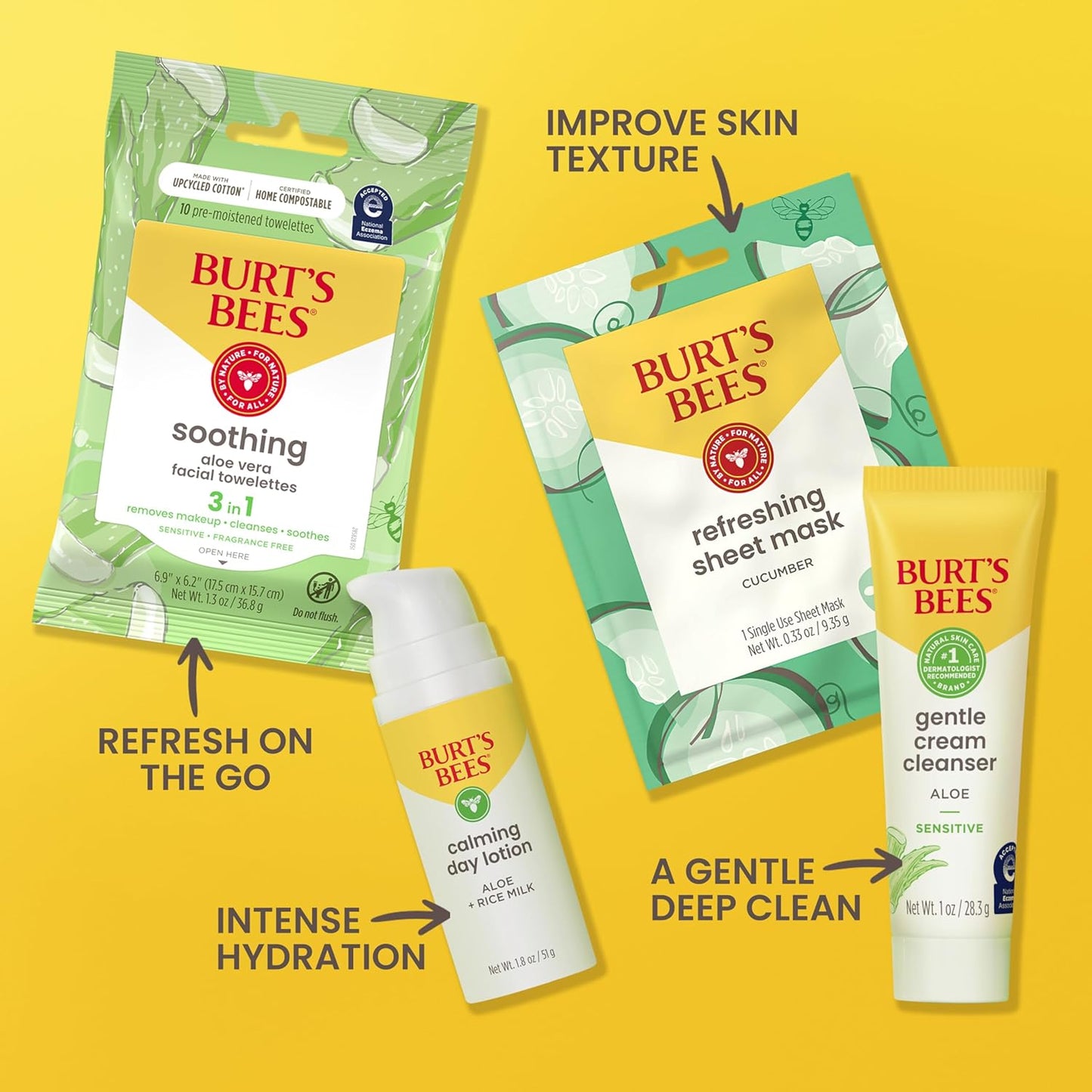 Burt's Bees Back To School Dorm Essentials, Gentle Skin Care To-Go Set, Includes Cleanser, Towelettes, Lotion and Sheet Mask, Facial Skin Care Products for Sensitive Skin, Natural Origin, 1 Gift Set
