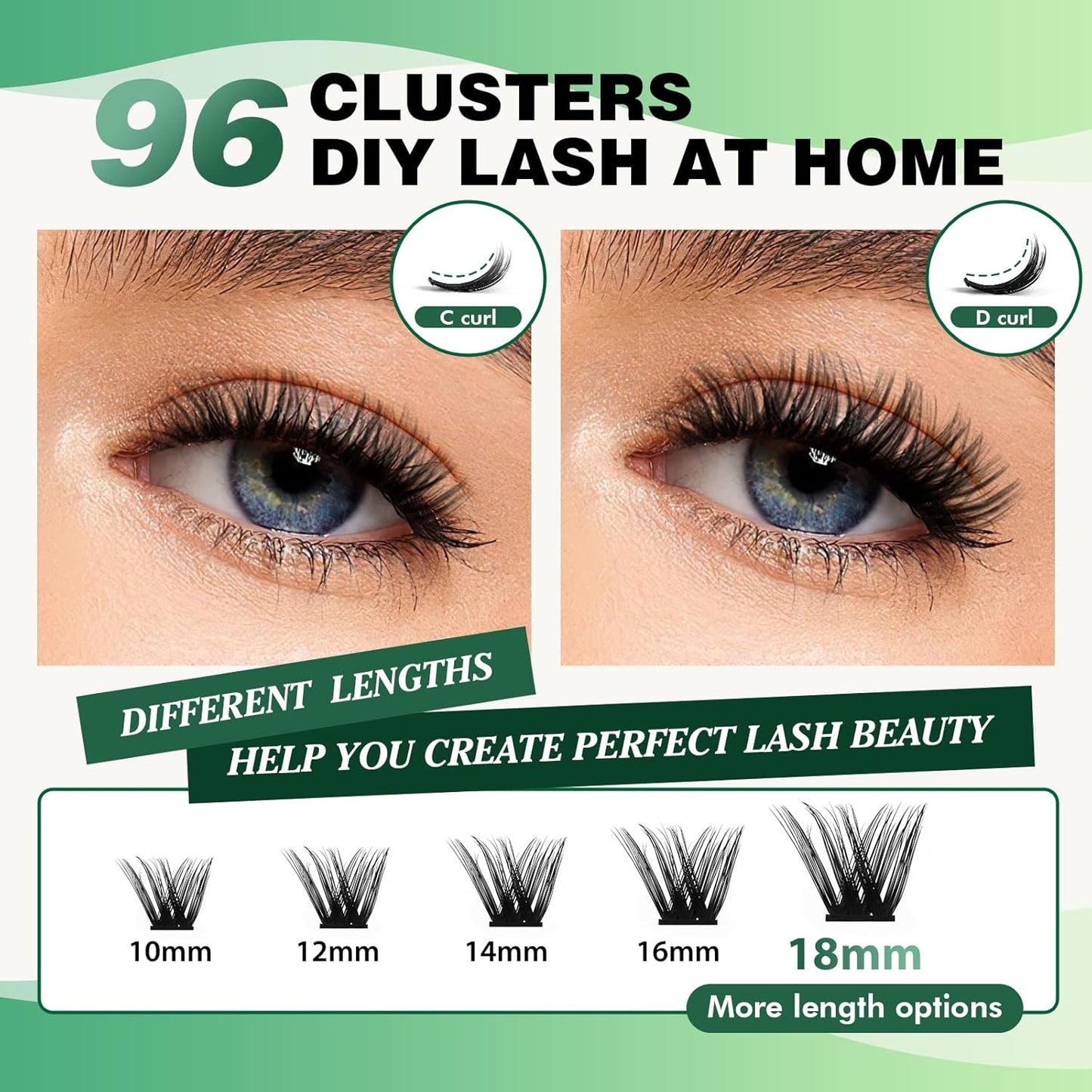 KEYYOU Lash Clusters, 96 Pcs DIY Lash Extensions, D Curl 16mm, Black, Realistic, Non-Irritating, Easy DIY at Home