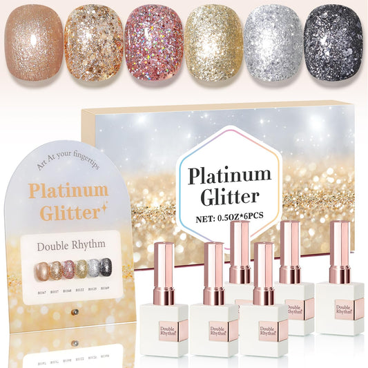 Double Rhythm 0.5 Oz Glitter Gel Polish Set of 6 Color with Display Borad 15 ml Full Size Kit Shimmer Reflective Sparkle Soak Off Manicure Salon DIY at Home (Rose Gold Silver Black Bright-T6-38)