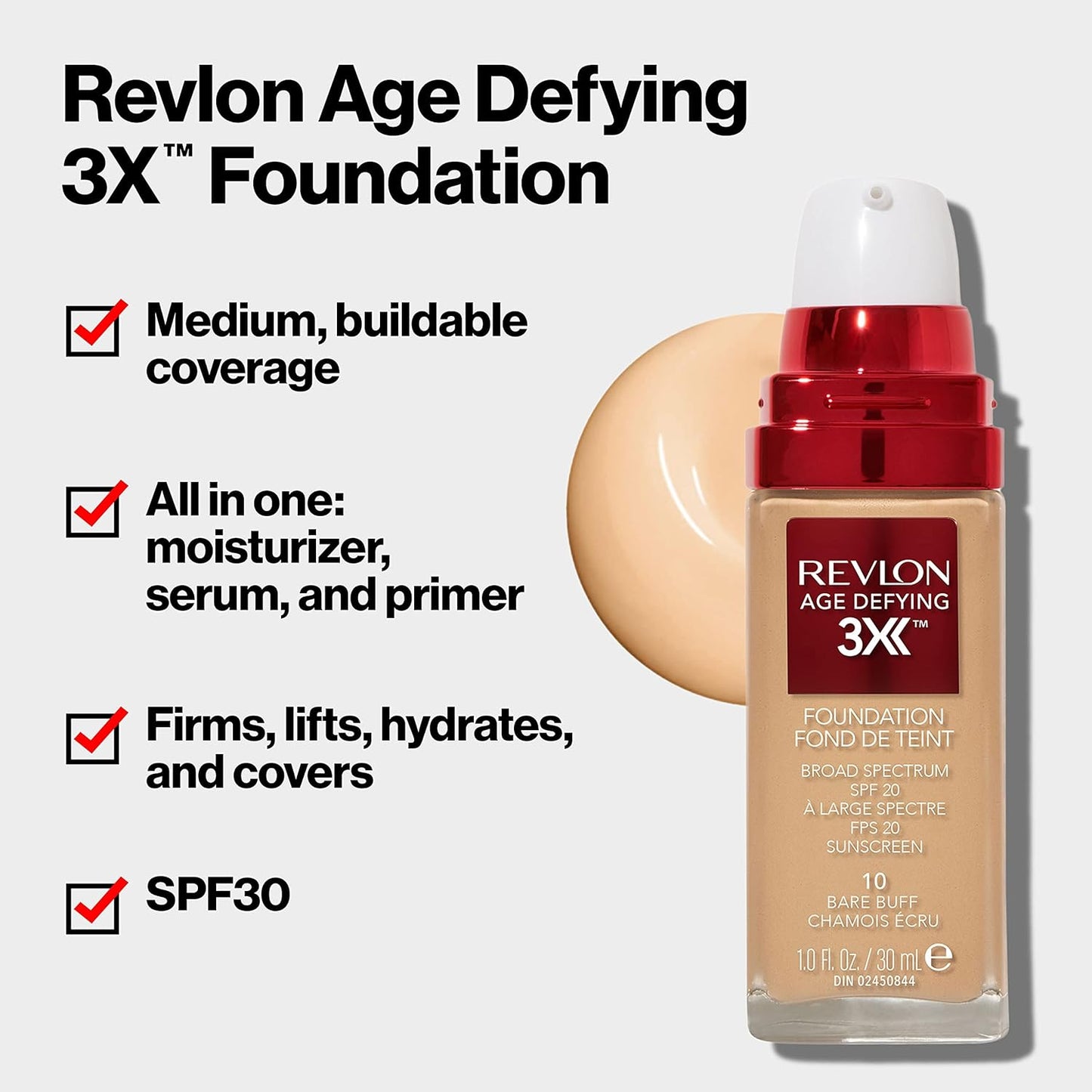 Revlon Age Defying 3X Makeup Foundation, Firming, Lifting and Anti-Aging Medium, Buildable Coverage with Natural Finish SPF 20, 065 True Beige, 1 fl oz