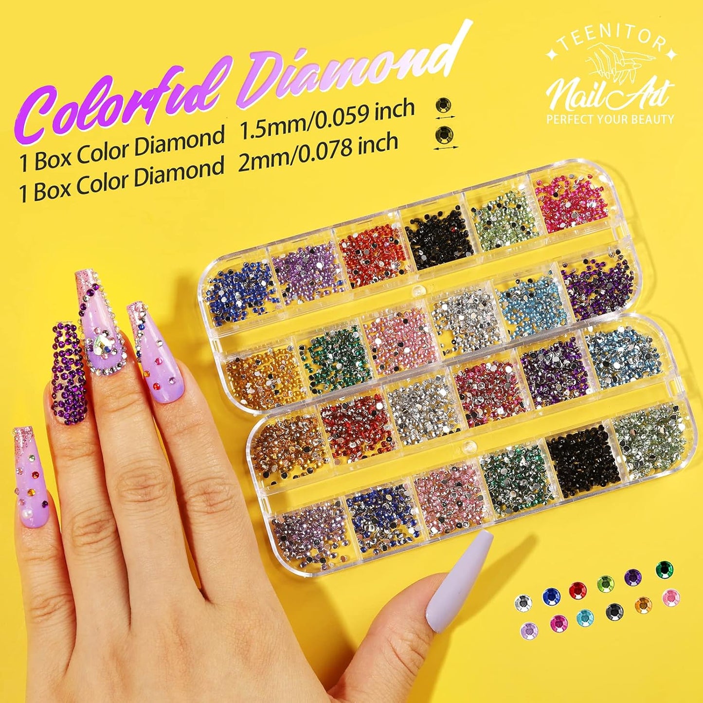 Teenitor 41 Boxes Rhinestones for Nails, Nail Gems 5 Boxes Nail Art Rhinestones 36 Boxes Nail Flakes, Nail Gems Stone Nail Design Kit, Nail Rhinestones for Nail Art Nail Accessories