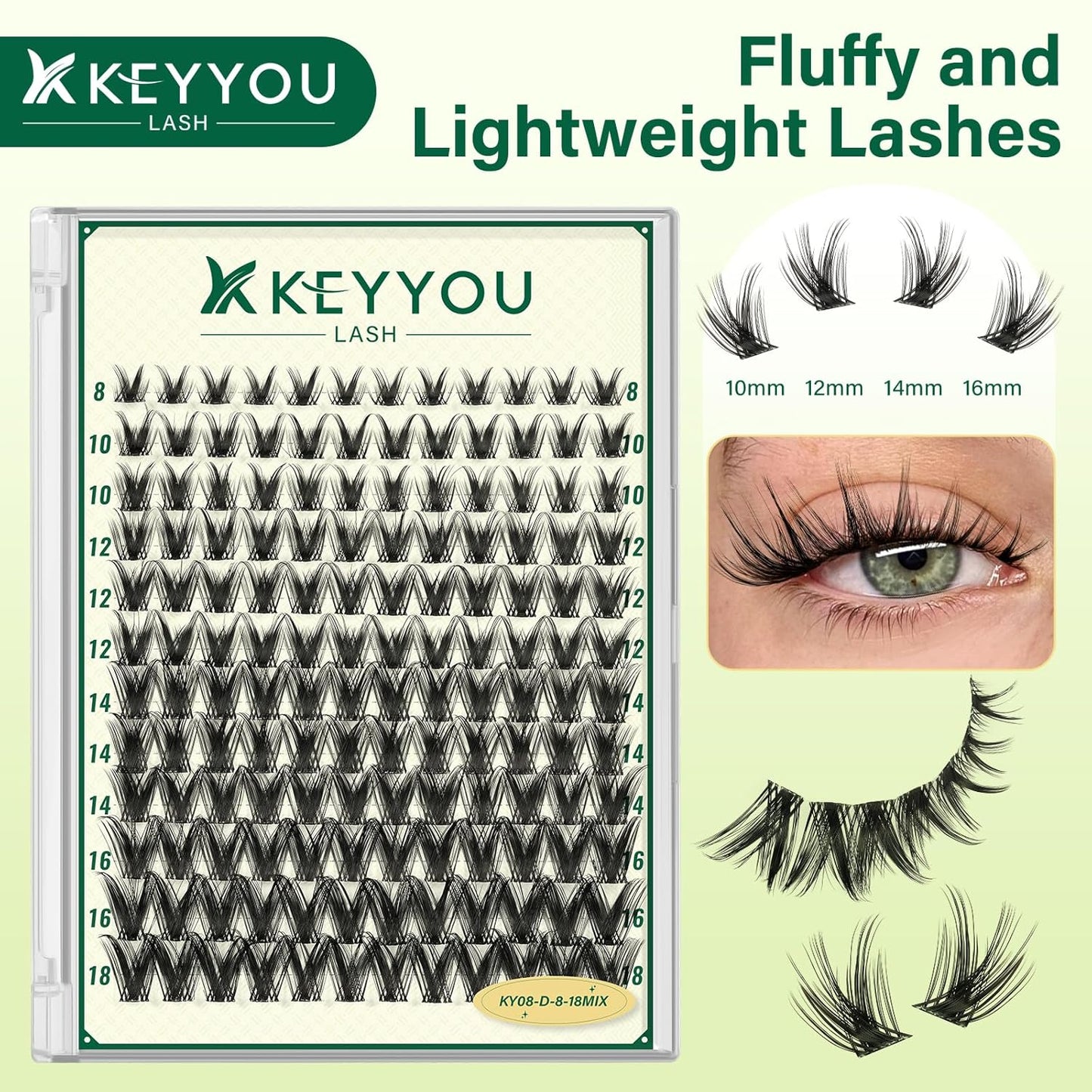 Lash Clusters Manga Lash Extension KEYYOU LASH D Curl 144pcs 8-18mm Wispy Eyelash Clusters Natural Volume Eyelash Extensions Individual Lashes DIY at Home(KY08,D-8-18MIX)