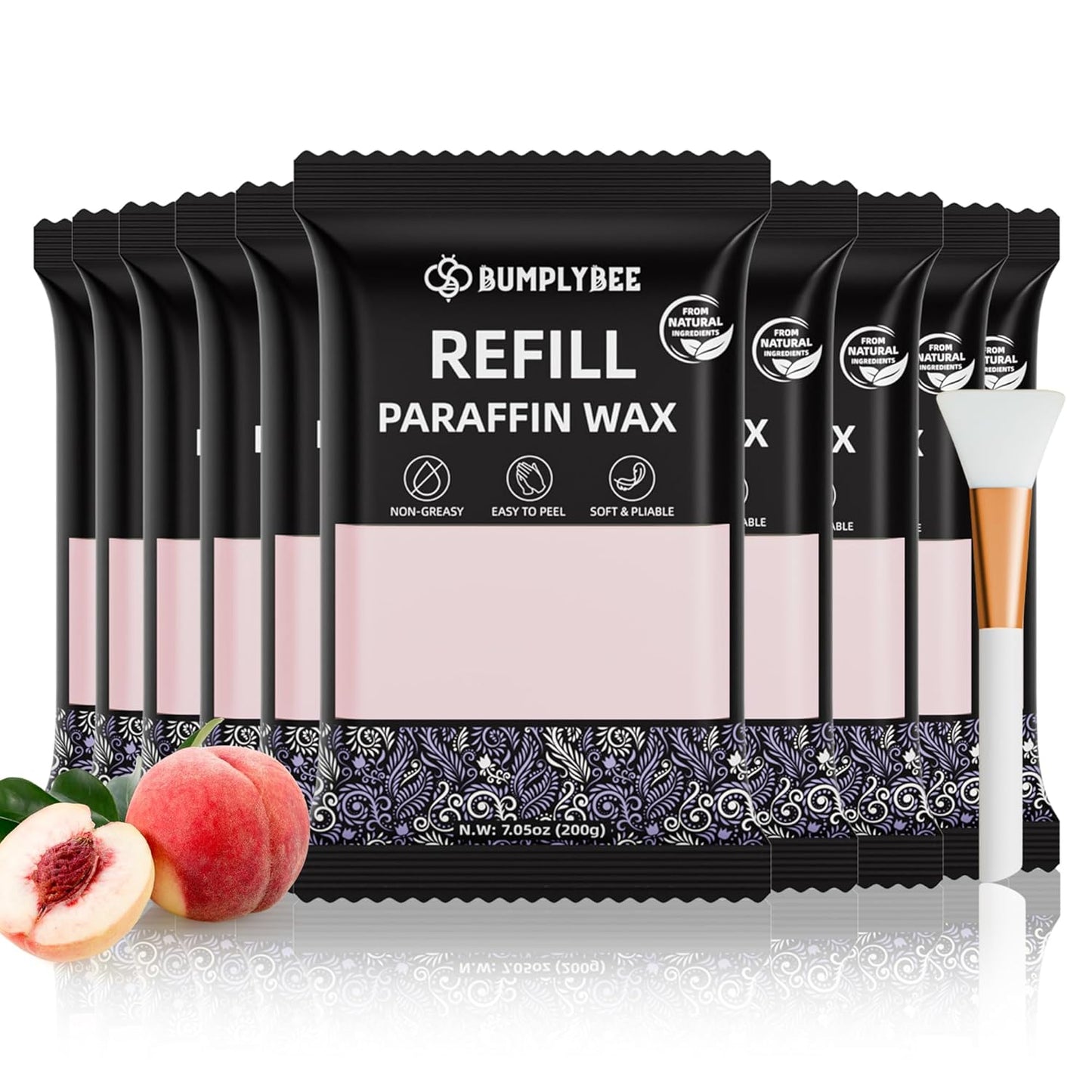 Paraffin Wax Kit - 10 Packs Peach Scent Refills With Silicone Brush for Hands and Feet - Skin Moisturizing, Non-Greasy, Easy-Peeling