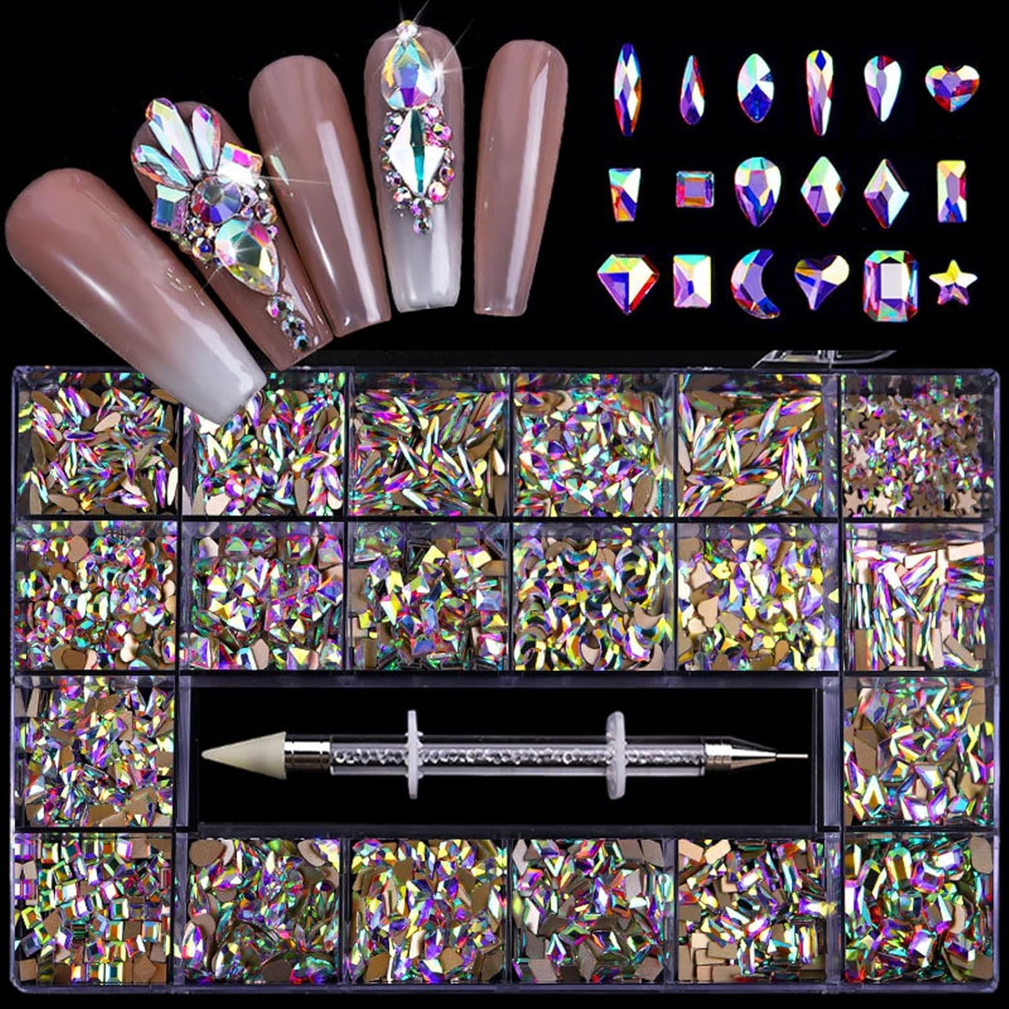 Nail Art Rhinestones, Nail Gems and Rhinestones Kit with Wax Pencil Flatback AB Rhinestones for Nails, Crafts, Makeup, Face, Clothes, Shoes