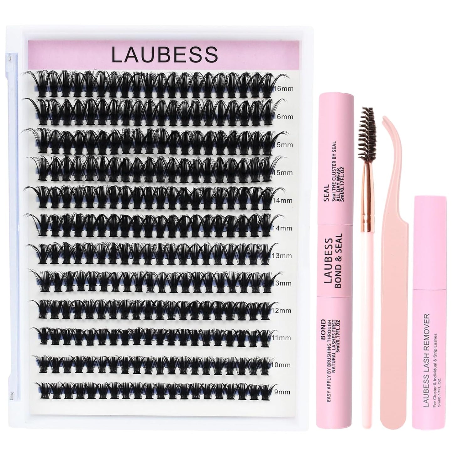 Lash Clusters Kit LAUBESS DIY Lash Extension Kit Lash Bond and Seal Waterproof Lash Glue Remover Tweezers Brush Cluster Eyelash Extensions Kit Eyelash Clusters (Kit 50D-D-Mix14-18)