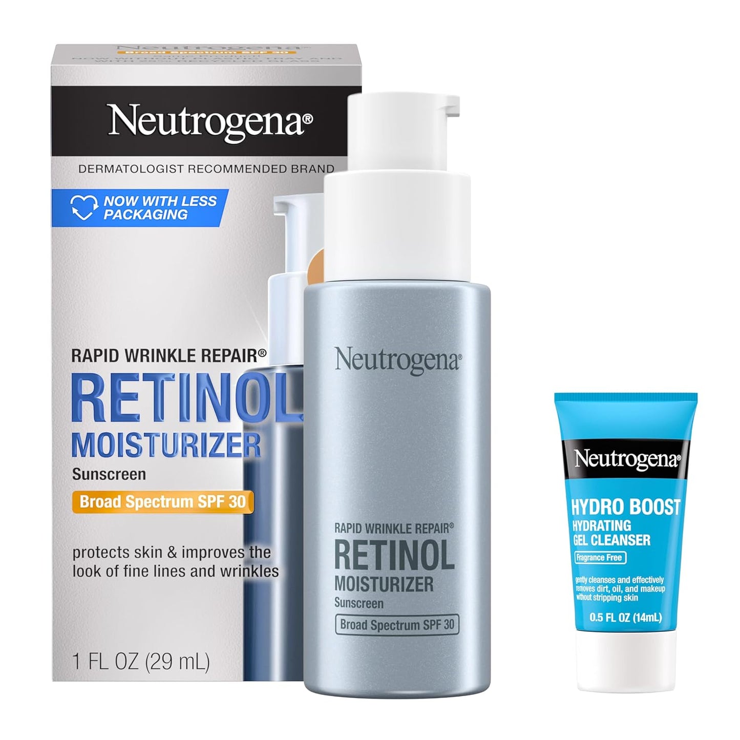 Neutrogena Rapid Wrinkle Repair Retinol Face Moisturizer with SPF 30, Daily Anti-Aging Face Cream, Retinol & Hyaluronic Acid & Trial Size Hydro Boost Facial Cleanser, 0.5 fl. oz
