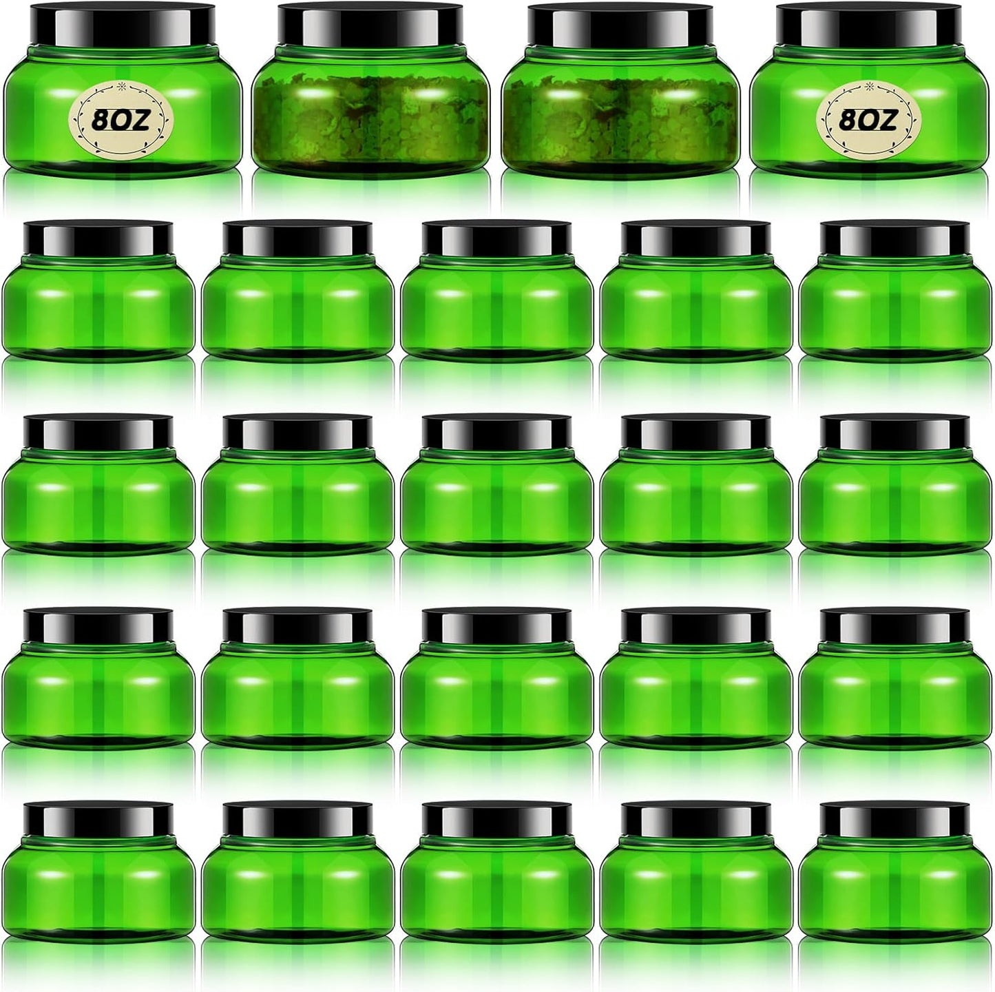 Tessco 24 Pack Plastic Jars with Lids Labels Empty Clear Plastic Jars Round Refillable Cosmetic Containers Body Butter Containers Bulk Sugar Scrub Bottle for Make Up(8 oz,Green, Black)