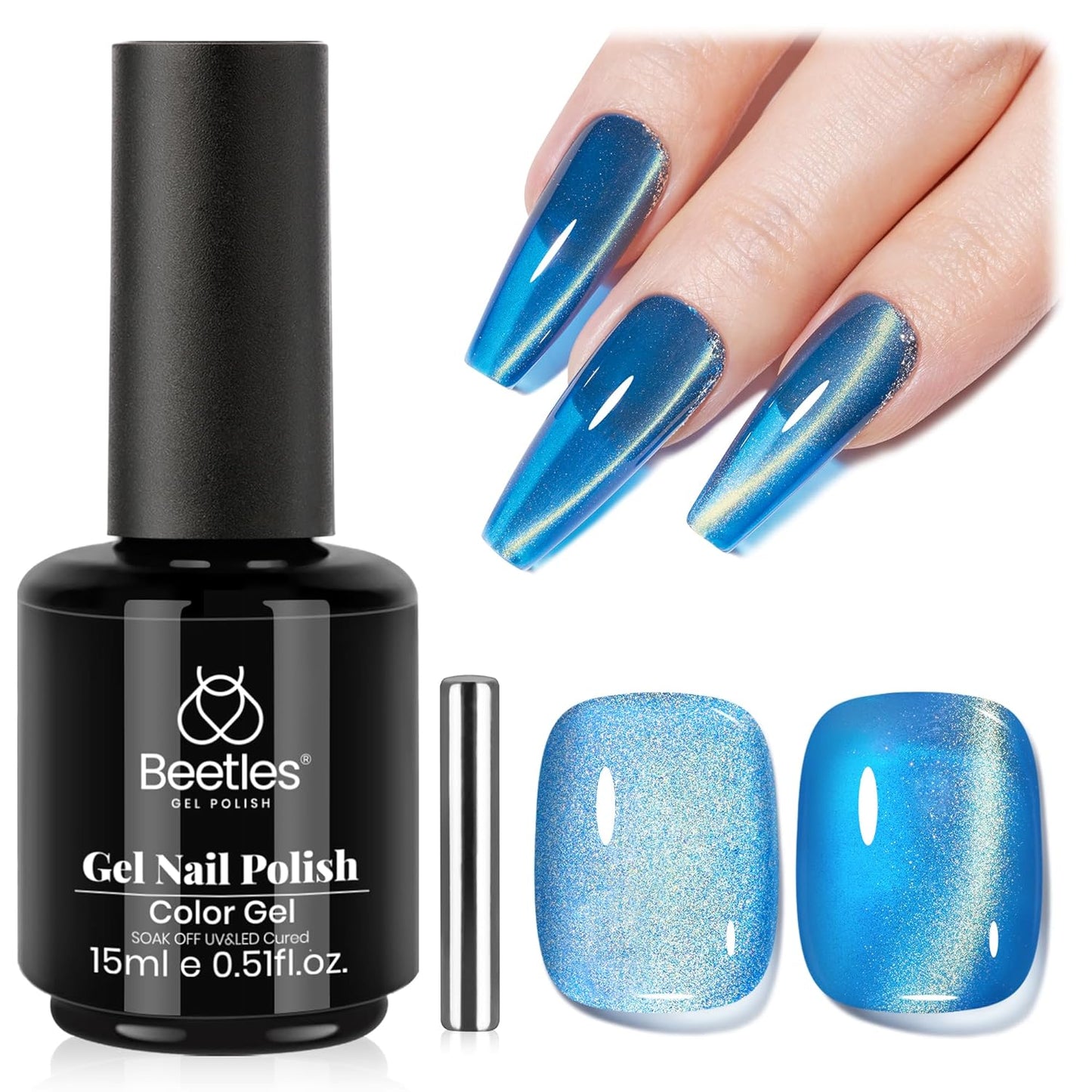 Beetles Blue Cat Eye Gel Nail Polish - 15ML Blue Glass Cat Eye Glitter Magnetic Gel Polish Shimmer Soak Off UV Stellar Whisper Collection Nail Art Design Manicure Gifts for Women