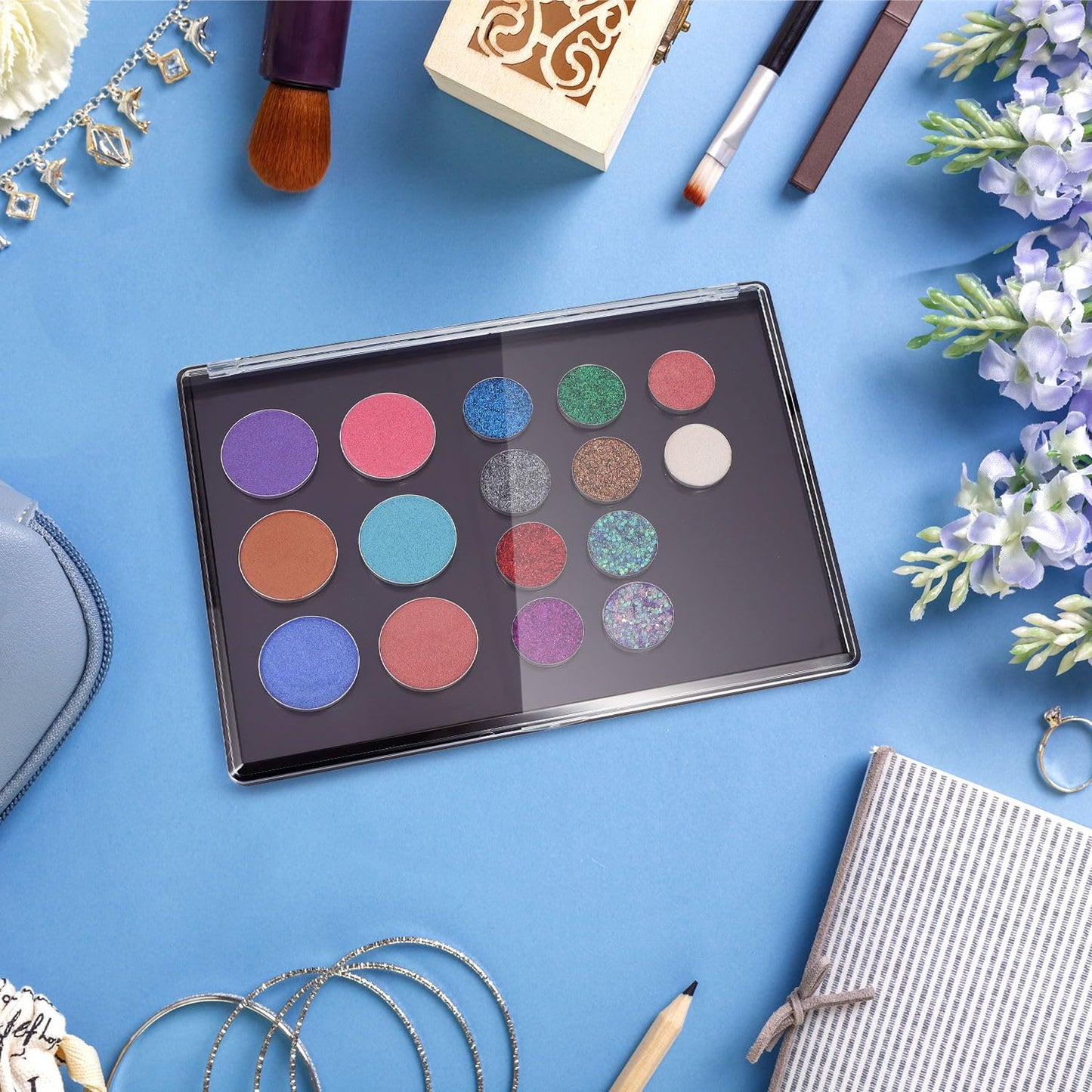 AJLTPA Magnetic Makeup Palette with Clear Top, Empty Eyeshadow Pan Dispensing Storage Box with 40Pcs Adhesive Metal Stickers for DIY Cosmetics Blush Powder(XL Large - 9.25"x6.57")