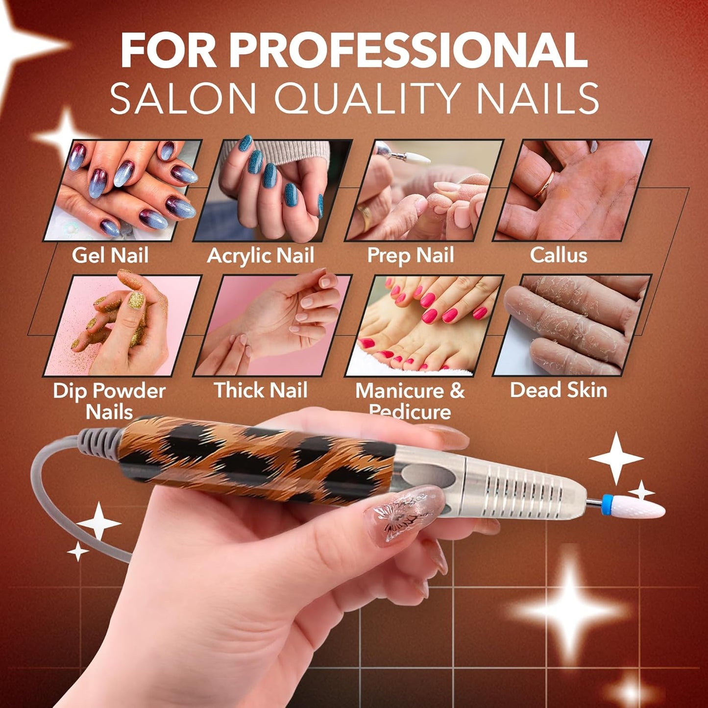 M Max - Nail Drill Professional - 2-in-1 Brushless Motor Nails Drill Machine - Electric, Cordless, Aluminium Alloy Casing, 35000 RPM, HD Display - for Salon & Home Use (Special Edition - Leopard)