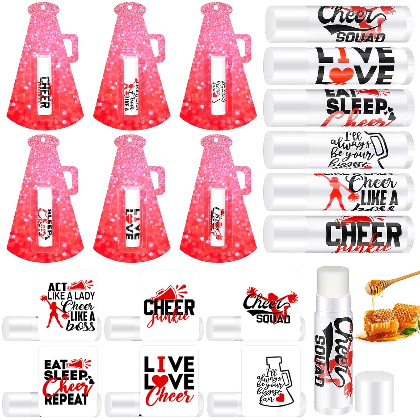 60 Pcs Cheerleading Lip Balm Bulk Cheer Teams Lip Balm Gifts Set Honey Moisturizing Lip Care Flavor Hydration Dry Chapped Lips for Men Women Children(Red)