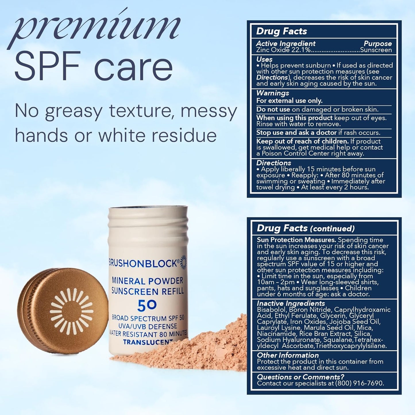 Brush On Block Mineral Sunscreen Powder Refill, Natural Broad-Spectrum SPF 50, Safe for Sensitive Skin, UVA UVB Face Protection, Reef Friendly (Translucent - Refill)