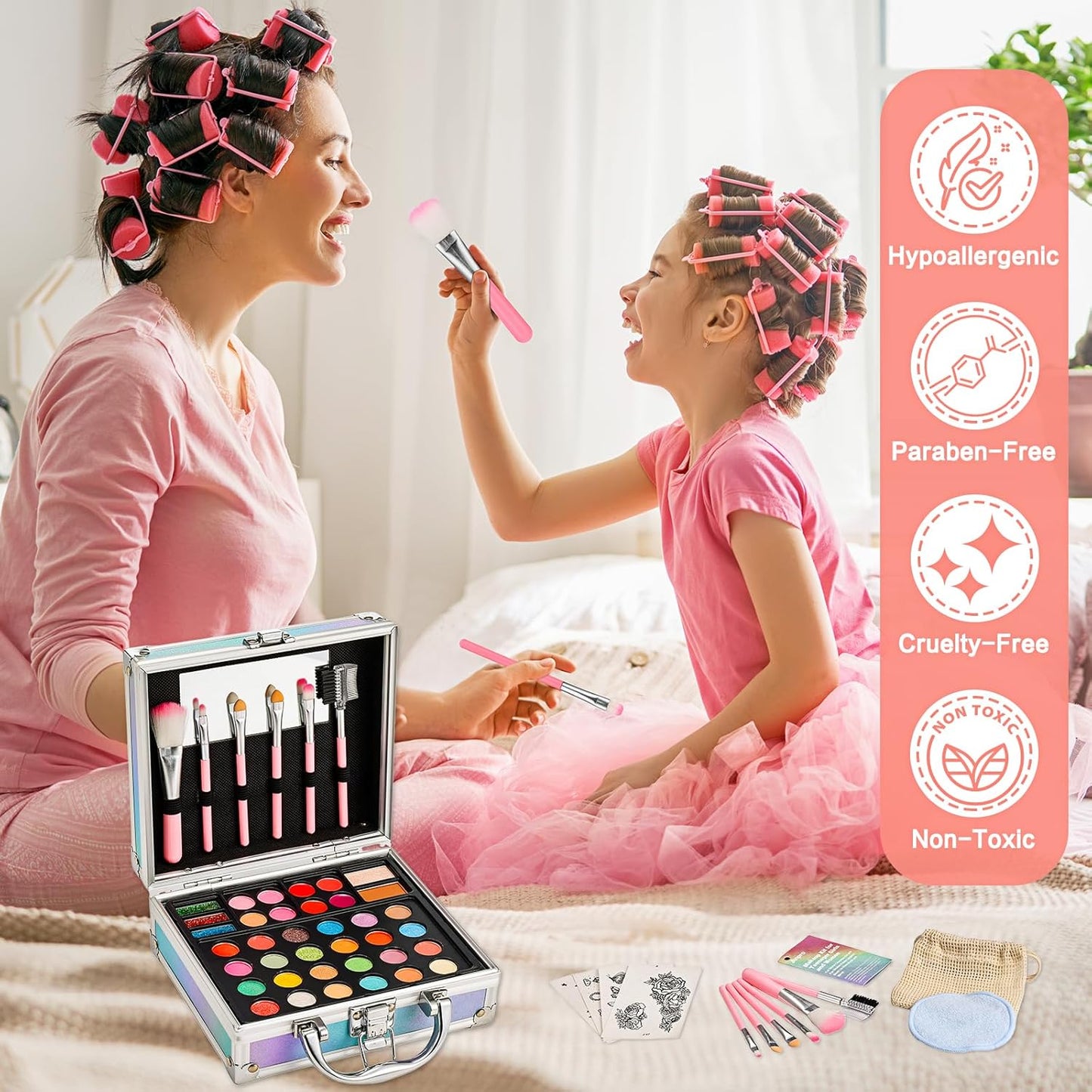 Anpro All-In-One Makeup Carry Case with Pro Teen Makeup Set, Full Starter Cosmetics Kit with Makeup Brushes, Eye Shadows Palette, Blushes, Glitter Gel, Temporary Tattoo Stickers - Blue