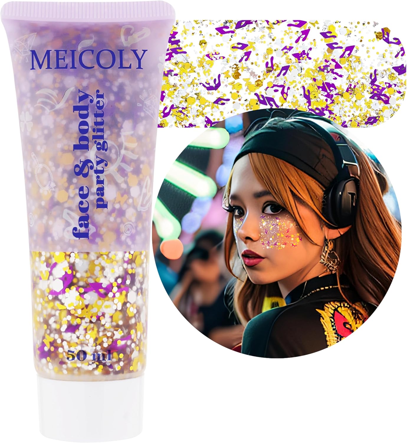MEICOLY Face Glitter Makeup for Music Festival,Country Concert Outfits for Women,Gold Silver Purple Body Glitter,Music Festival Country Concert Accessories,Glitter Face Paint for Music Festival,50ml