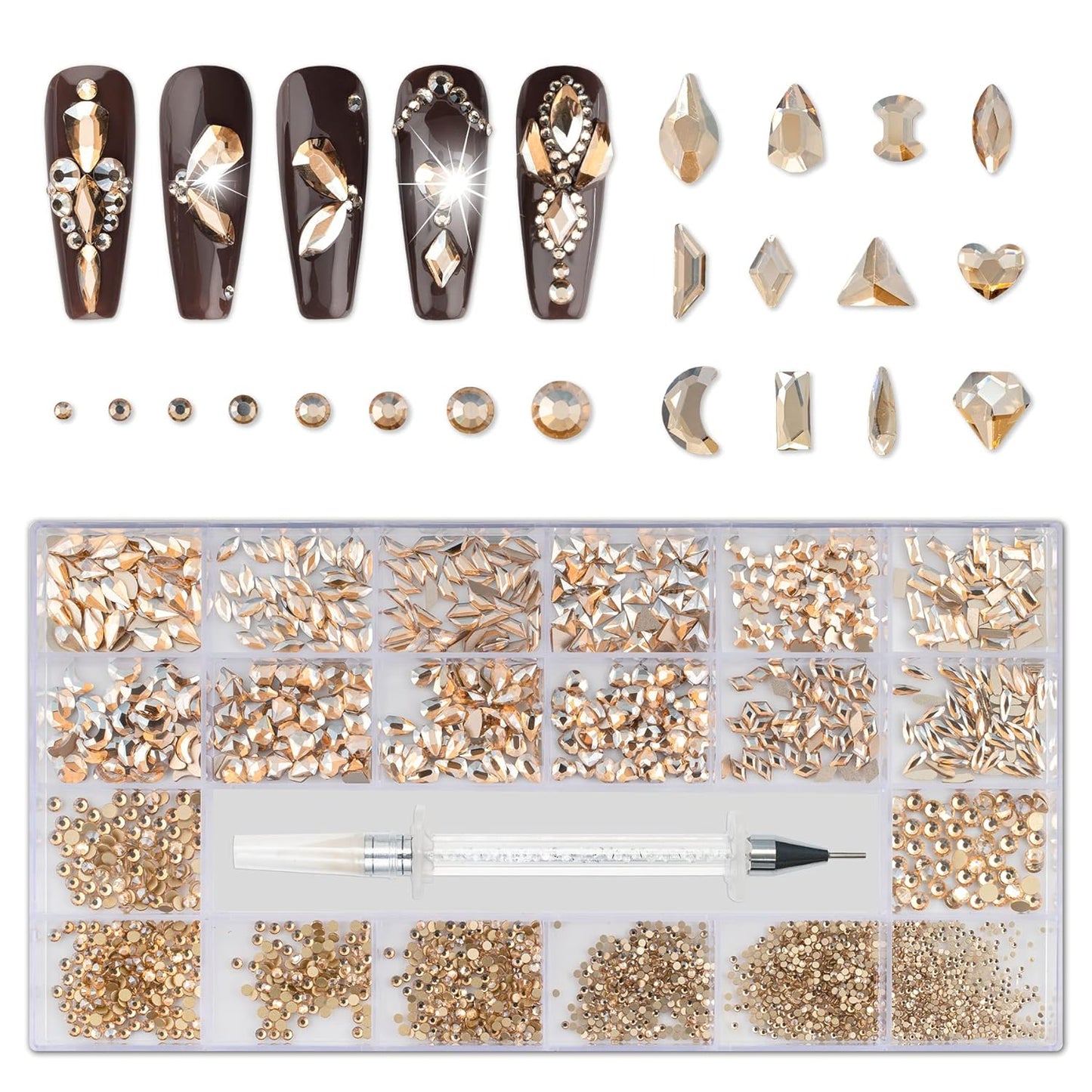 Nail Rhinestones Kit, Nail Art Decorations with Wax Pencil Flat AB Rhinestones Kit DIY Crafts Gemstones for Nail, Shoes, Clothes, Jewels (600 Champagne diamonds + 2500 flat rhinestones)