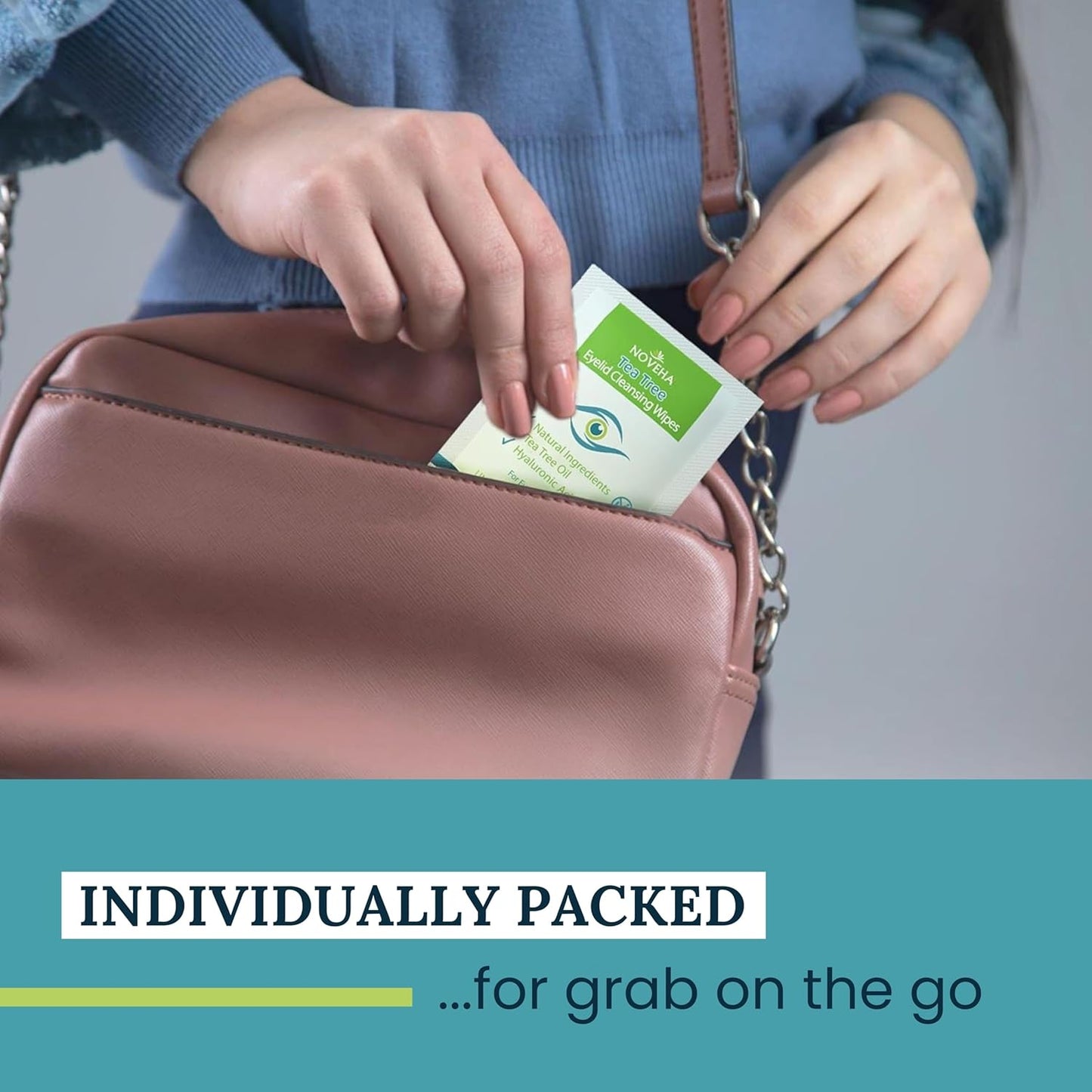 NOVEHA 120Pcs Tea Tree Oil Eyelid & Lash Wipes With Hyaluronic Acid, Green Tea & Chamomile For Blepharitis & Itchy Eyes, Individually Wrapped Eyelash Wipes, Natural Makeup Remover & Cleanser (2 Pack)