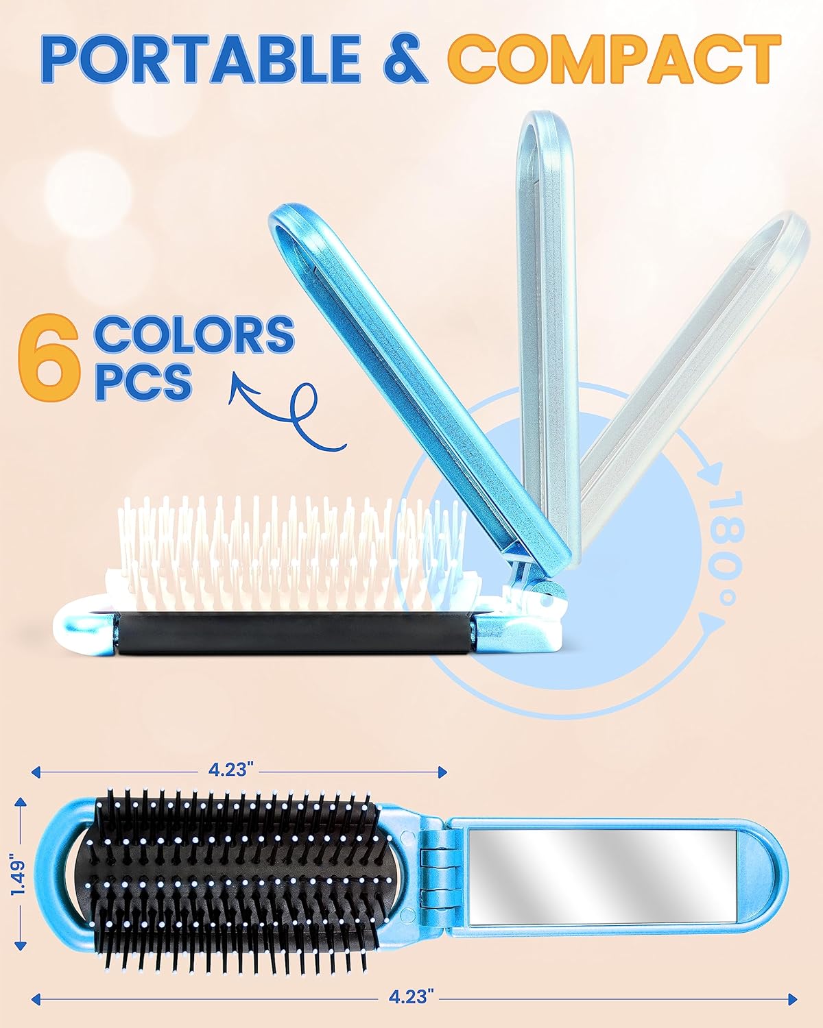 6 PCS Folding Travel Hairbrush Set with Compact Mirror for Women - Mini Pocket Brush with Mirror for Purse and Girls