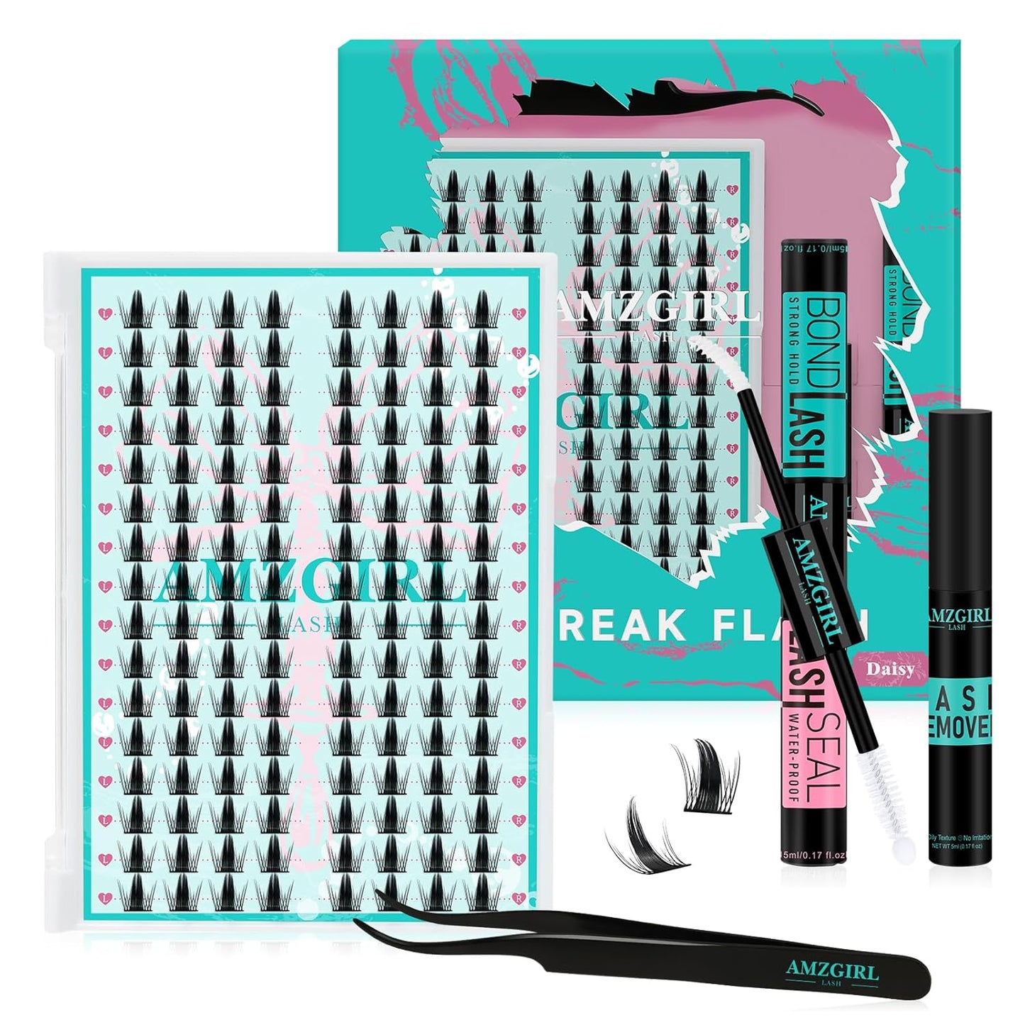 Lash Clusters Kit 128PCS Left & Right Lashes Cluster Kit with Wide Band Eyelash Clusters,White Eyelash Bond and Seal,Lash Remover and Tweezer for Cluster Eyelash Extensions(Daisy,D-12mm)