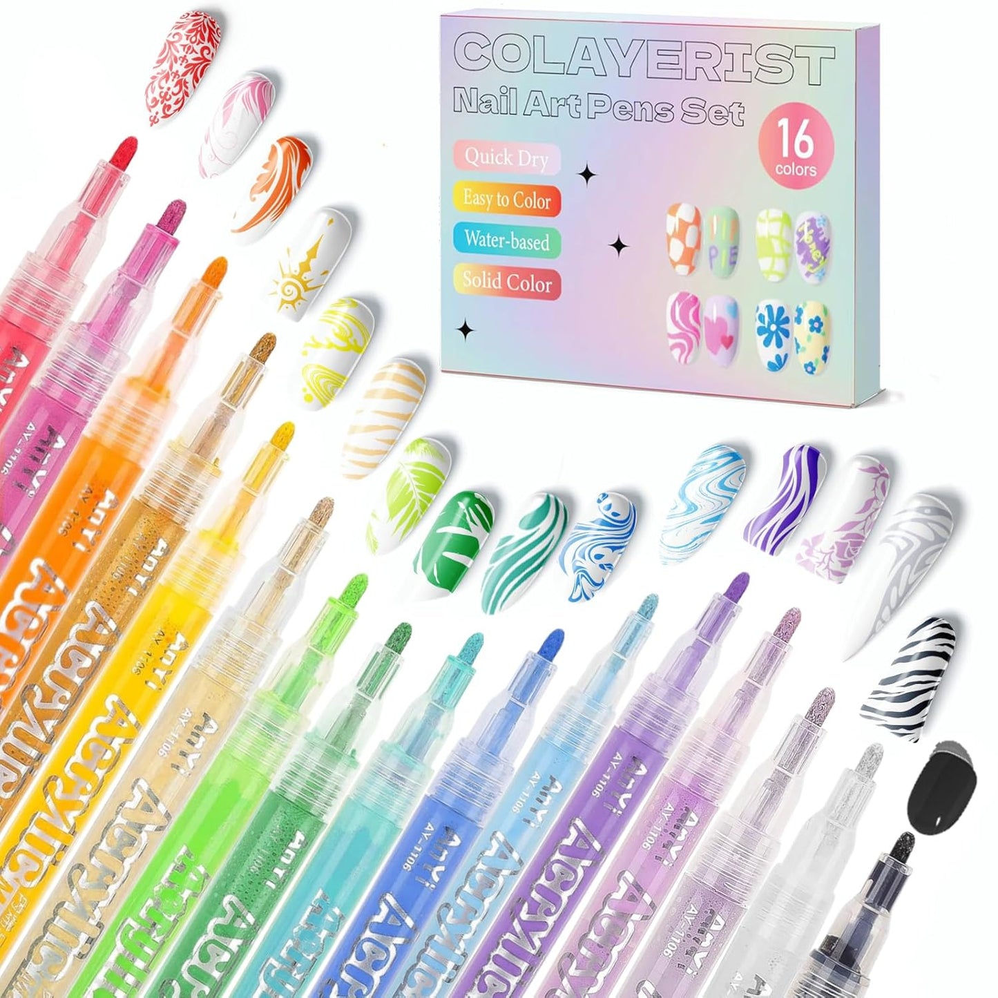 Nail Art Pens, 16 Colors Acrylic Nail Paint Pens Kit Quick Drying, 3D Gel Nail Polish Pen Graffiti Dotting Drawing Painting Liner Manicure for Home and Salon DIY