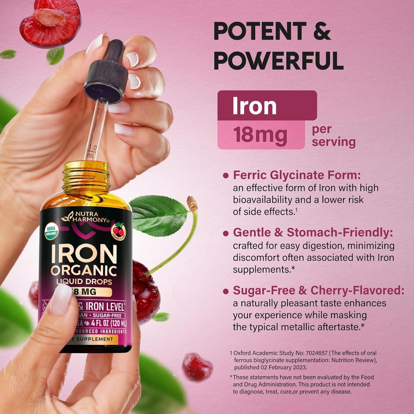 Liquid Iron Supplement for Women 18 mg - USDA Organic Iron Drops - with Folate, Vitamin B12 & B6 - Iron Level & Energy - Gentle & High Absorption Glycinate Form - Cherry Flavor, Sugar-Free - 4 fl oz