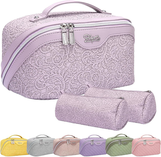 BOYATU Travel Makeup Bags for Women: Vegan Leather Cosmetic Bag Set of 3 - Large Capacity Make up Bag with Divider - Wide Open Waterproof Toiletry Organizer Bag with Handle (L12-Violet)
