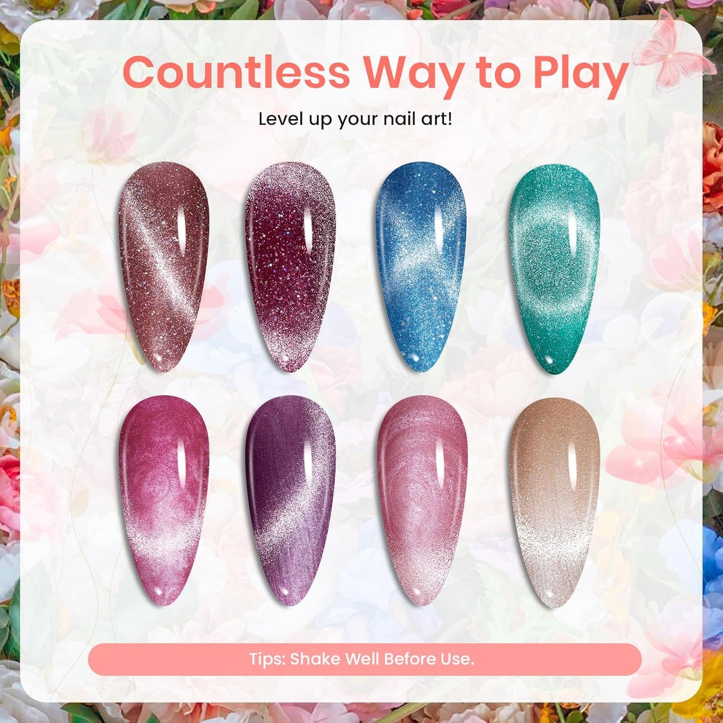 beetles Cat Eye Gel Polish Set - Floral Verses 20 Colors Fall Winter Gel Polish Kit, Blue Pink Purple Green Shimmer Nail Colors, with Magnet Stick Glossy & Matte Gel Top Base Coat UV Gifts for Women