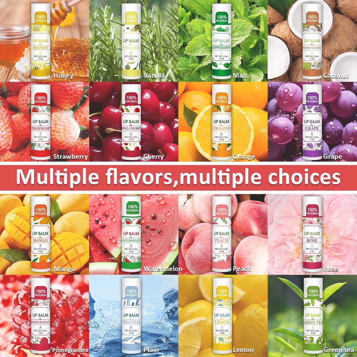 128 Pack Lip Balm, Natural Lip Balm Bulk with Vitamin E and Coconut Oil, Bulk Moisturizing Lip Balms for Dry Lips-16 Flavors