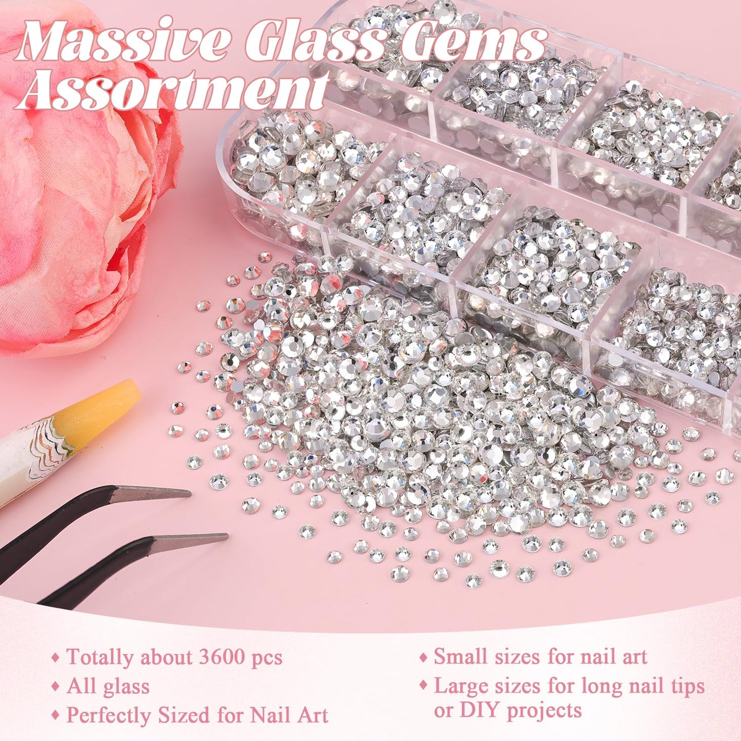 3600pcs Glass Transparent White Nail Rhinestones 6 Sizes(1.8/2/2.4/2.8/3/4mm) Flatback Crystal Nail Charms Jewels Decoration for Nail Art and Crafting, Tweezer and Pickup Pen included