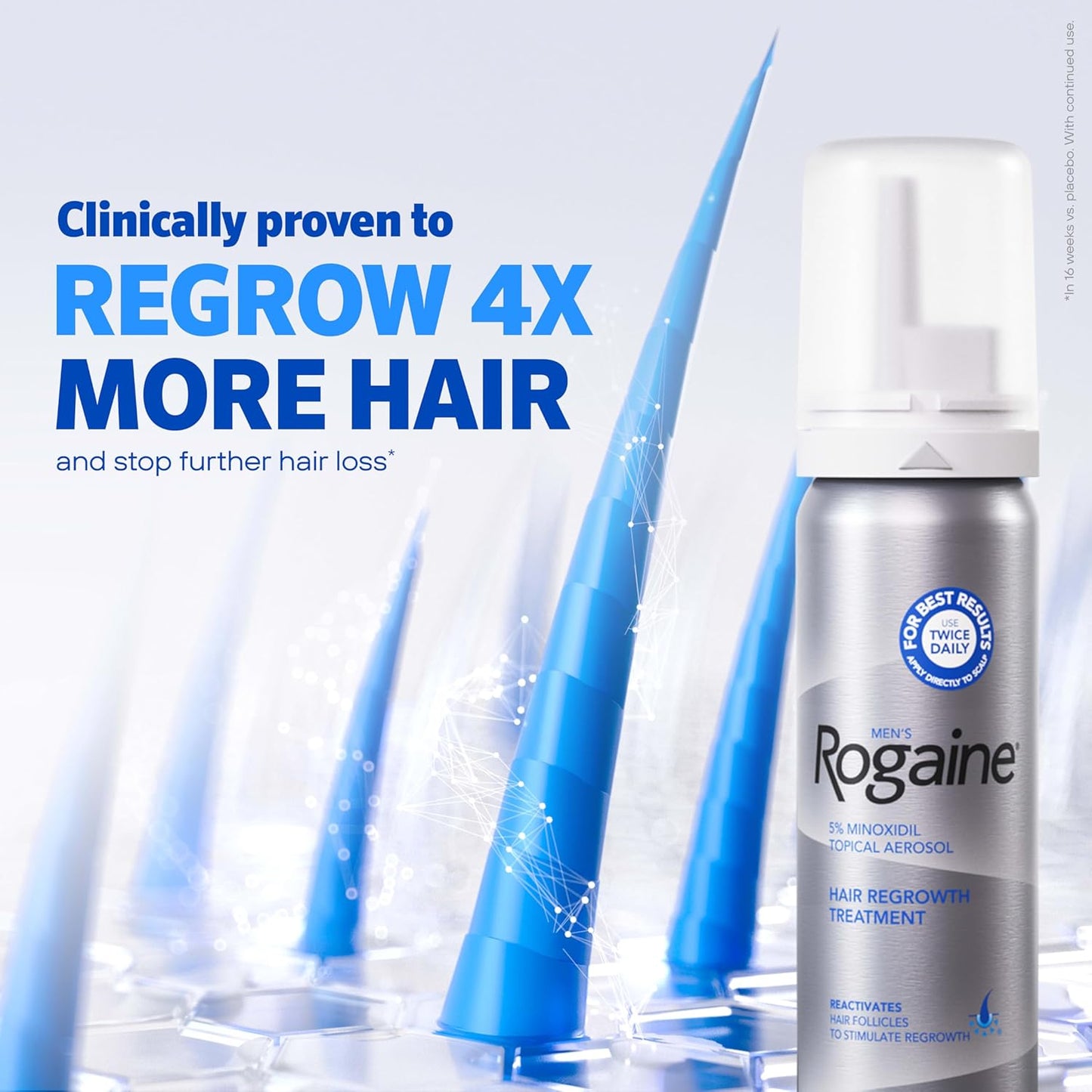 Men's Rogaine 5% Minoxidil Foam for Hair Regrowth, Topical Hair Loss Treatment for Men to Regrow Fuller, Thicker Hair, Unscented Minoxidil Topical Aerosol, 4-Month Supply, 4 x 2.11 oz