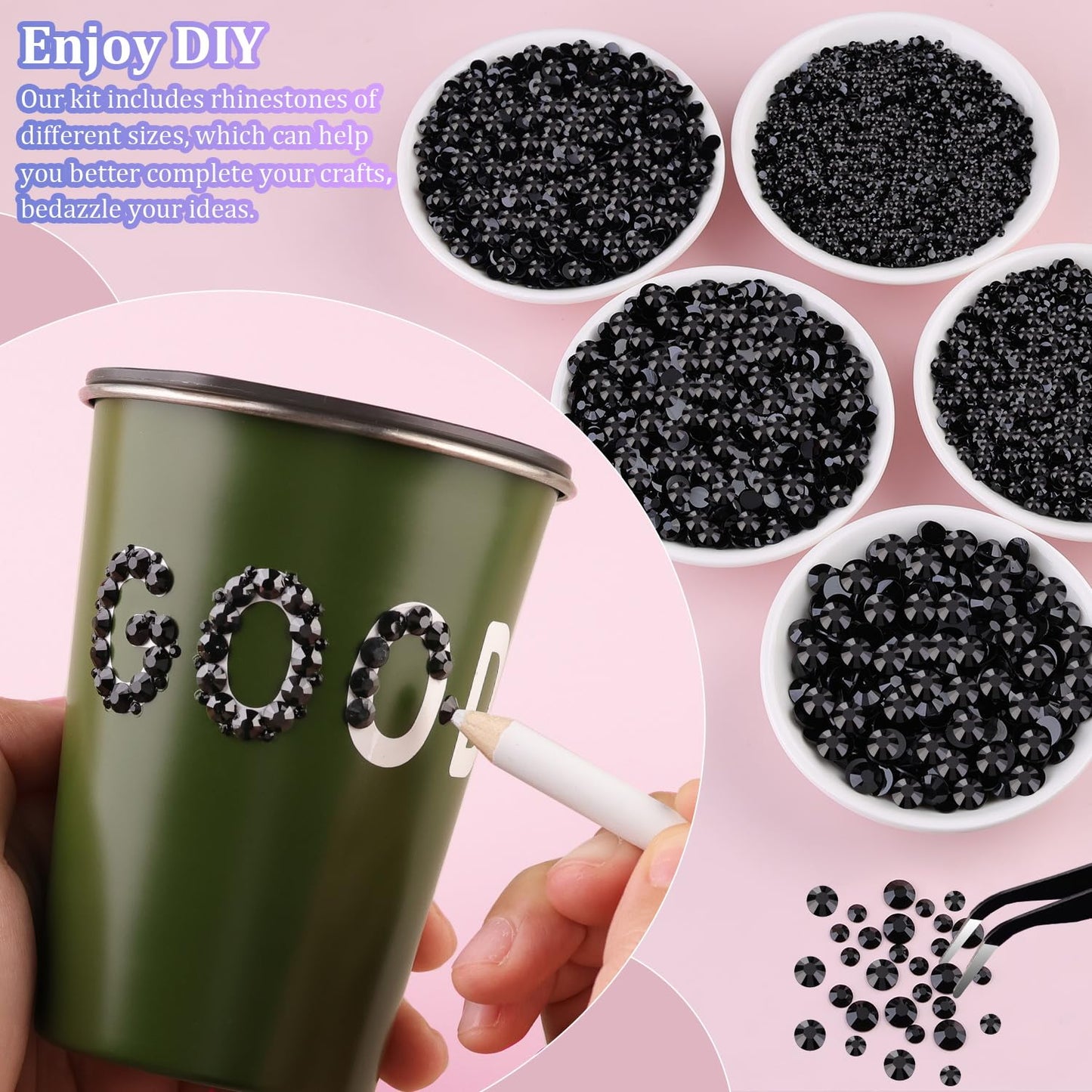 30000Pcs Resin Rhinestones for Bedazzling with Tweezers, Black Rhinestones for Crafting with B7000 Jewelry Glue for DIY Crafts Clothing Tumblers Shoes Fabric Nail Art