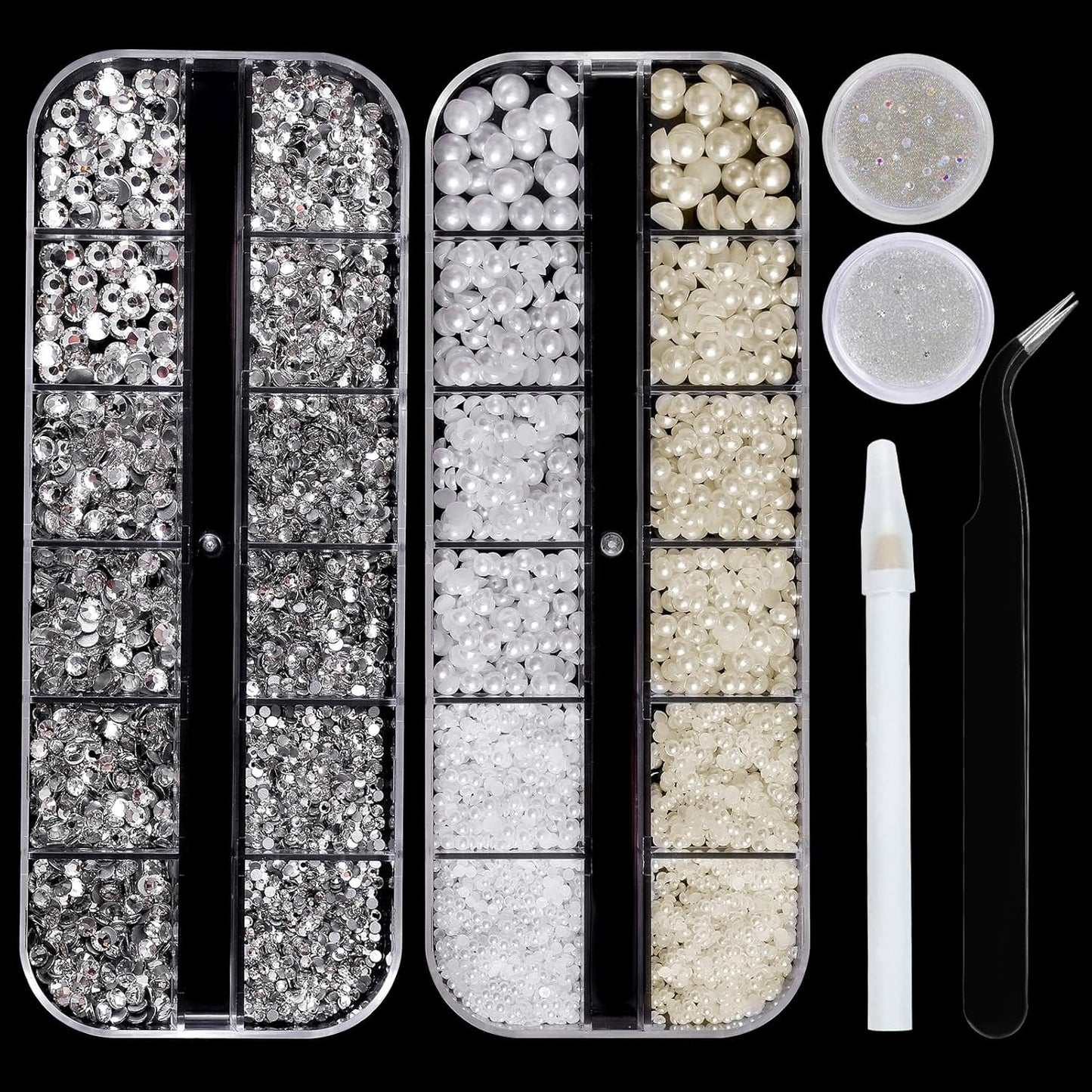 Flatback Rhinestones Half Pearls for Crafting, 1.6-4mm White Glass Rhinestones and 1.5-6mm Small Pearls for Bedazzling, Clothes and Nails Art