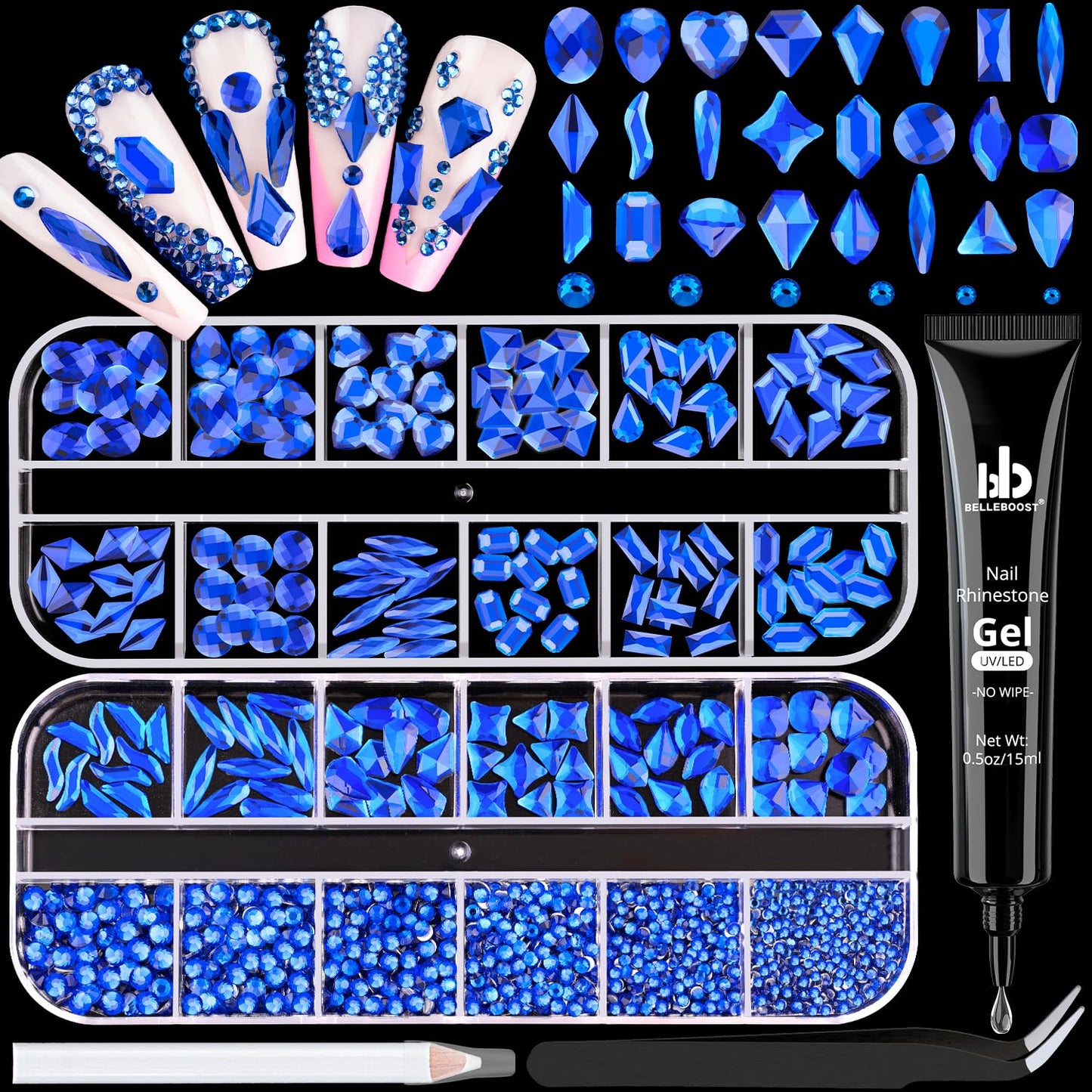 Royal Blue Glass Nail Rhinestones - 1680 Pcs Multi Shapes + 1500 Pcs Round Crystal with Glue Gel for Nail Art