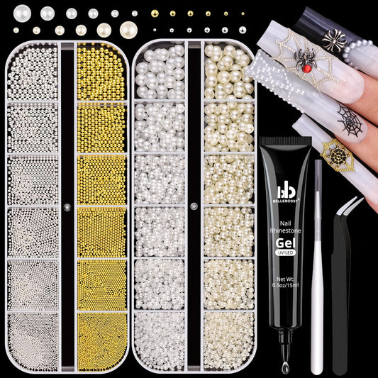 2 Boxes Flatback Pearls (White+Beige) and Silver+Gold Nail Beads for Nail Art with Rhinestone Glue Gel, Pearl Nail Charms and Gems and Small Round Caviar Beads for Acrylic Nail Tips Manicure