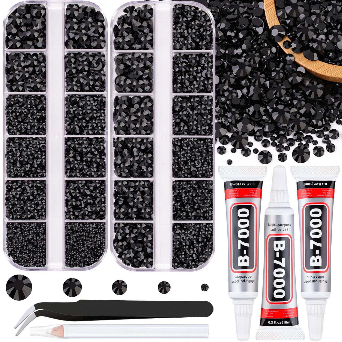 Resin Jelly Rhinestones for Crafting with B7000 Jewelry Glue, 2 Boxes Black Flatback Crystals with 3Pcs 10ml Glue, Bedazzling Non Hotfix Gems for DIY Tumblers Clothing Shoes Manicure
