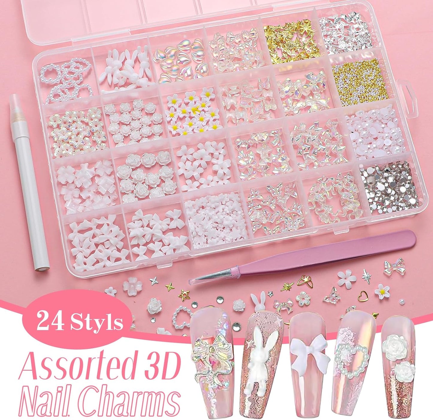 3D Nail Charms and Gems, Mix Flower Bow Heart Colorful Acrylic Nail Art Charms, Mix Nail Pearl Rhinestones and Caviar Beads for Nails, Cute Hollow Pearls Jewelry for Art Design DIY Crafts