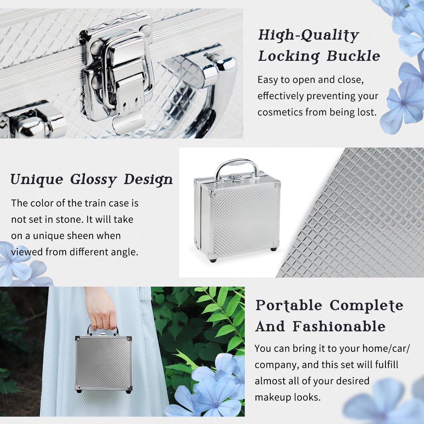 Color Nymph Beginner Makeup Kit For Teens With The Small Cosmetic Train Case Included 24-Colors Eyeshadow Palette Blushes Bronzer Highlighter Lipstick Brushes Mirror(Silver)